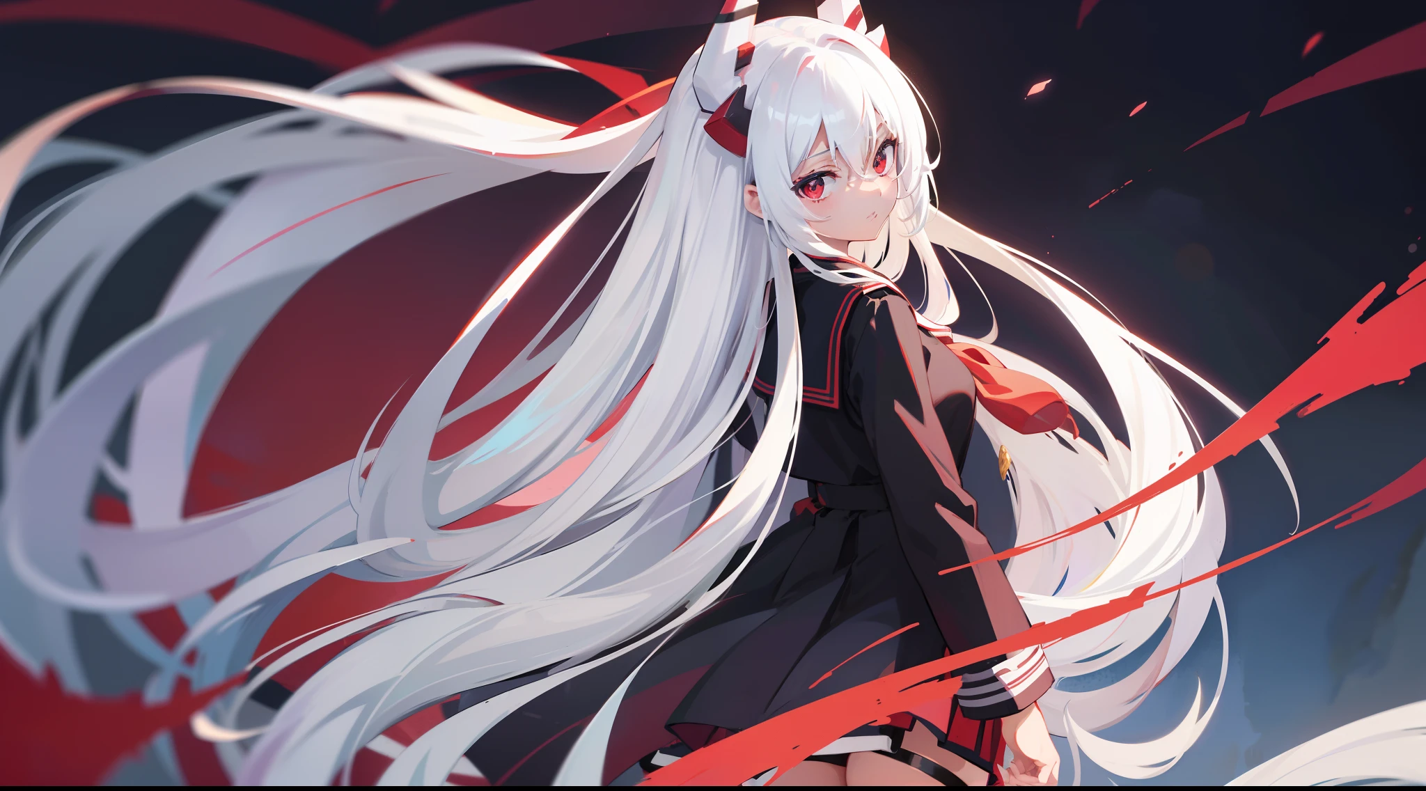 Long white hair, red color eyes, Wear pleated skirts, dressed in a black coat，Inside was a white sailor suit，Wearing black stockings, Plump body, An anime character, Only one person，Drinking brown drinks on the street