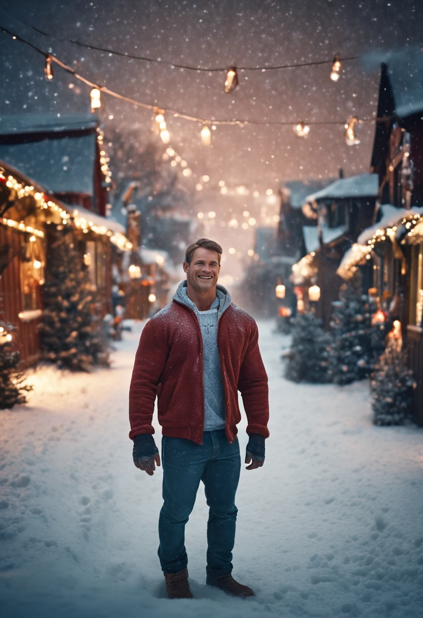 handsome european strong and manly dark blond bodybuilder with thick muscles with a handsome smile and very detailed open eyes wearing Retro-style sweatshirt and blue jeans at a cozy christmas night walking through the snow in he garden walking with a dog, small fairy lights, (huge penis:1.2),