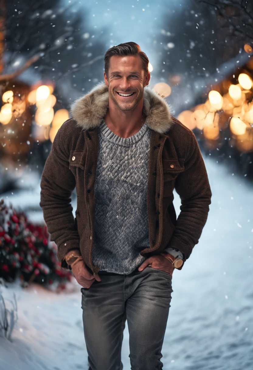 handsome european strong and manly dark blond bodybuilder with thick muscles with a handsome smile and very detailed open eyes wearing Retro-style sweatshirt and blue jeans at a cozy christmas night walking through the snow in he garden walking with a dog, small fairy lights, (huge penis:1.2),