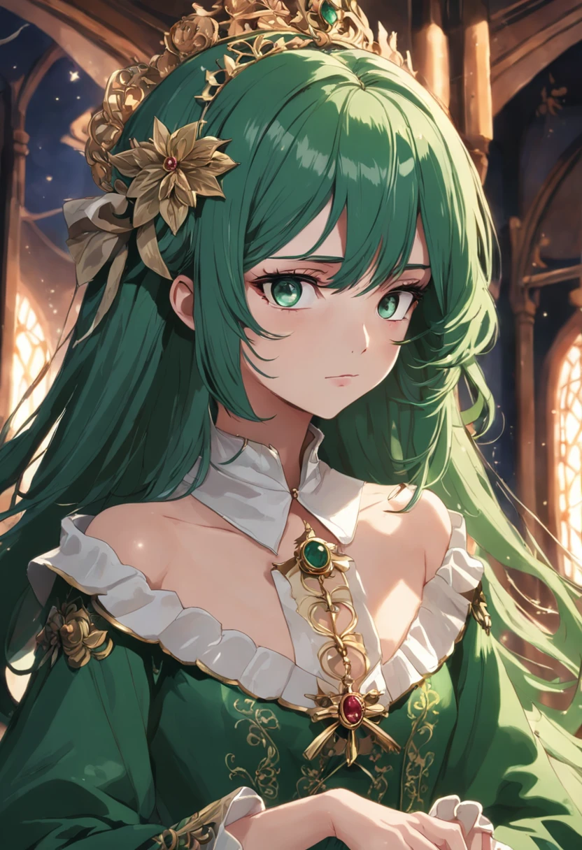 ((worst quality, low quality)), ((girl)), alone, (Wedding dress), (((long hair, ponytail, green hair,):1.3)), (big breasts), hair above one eye, plump and glossy lips, beautiful clear eyes, spoken heart, leaning forward, (dynamic pose:1.2), (((Beautiful colorful flowers, 1 large bouquet,Hold it with both hands:1.2))), Hanabubuki, (stained glass background), (opal), (particles of light, shine of light, light:1.4), table top,highest quality,super detailed,