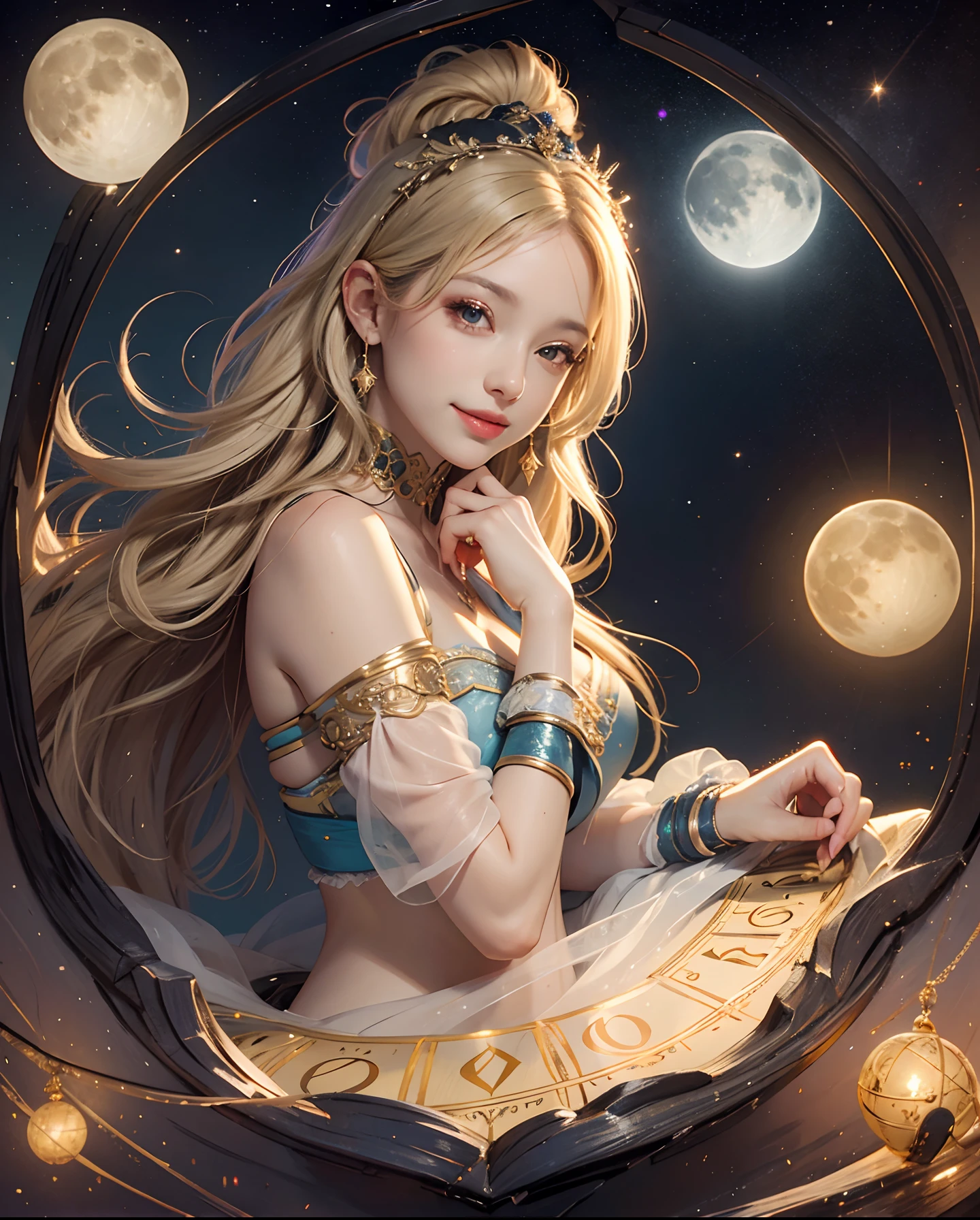 ( superior quality, portraits, masterpieces, bright lights), girl with short wavy blonde hair (((SHORT HAIR))), alice in wonderland under a cosmic rainbows, Feet and legs in white sheer stockings. Blue dress. Blonde hair. Blue hairband.
As a ite body like a prehe is laughing, with a big smile. Rose red lips. Golden eyeshadow. Glowing eyes.
She's stuck inside the tarot card "Time" and is trying to escape. Her face is Kim Kardashian's face. Pretty red lips, wide bright blue eyes, lovely face makeup. She is young and petite like a child. As inted by frank frazetta.