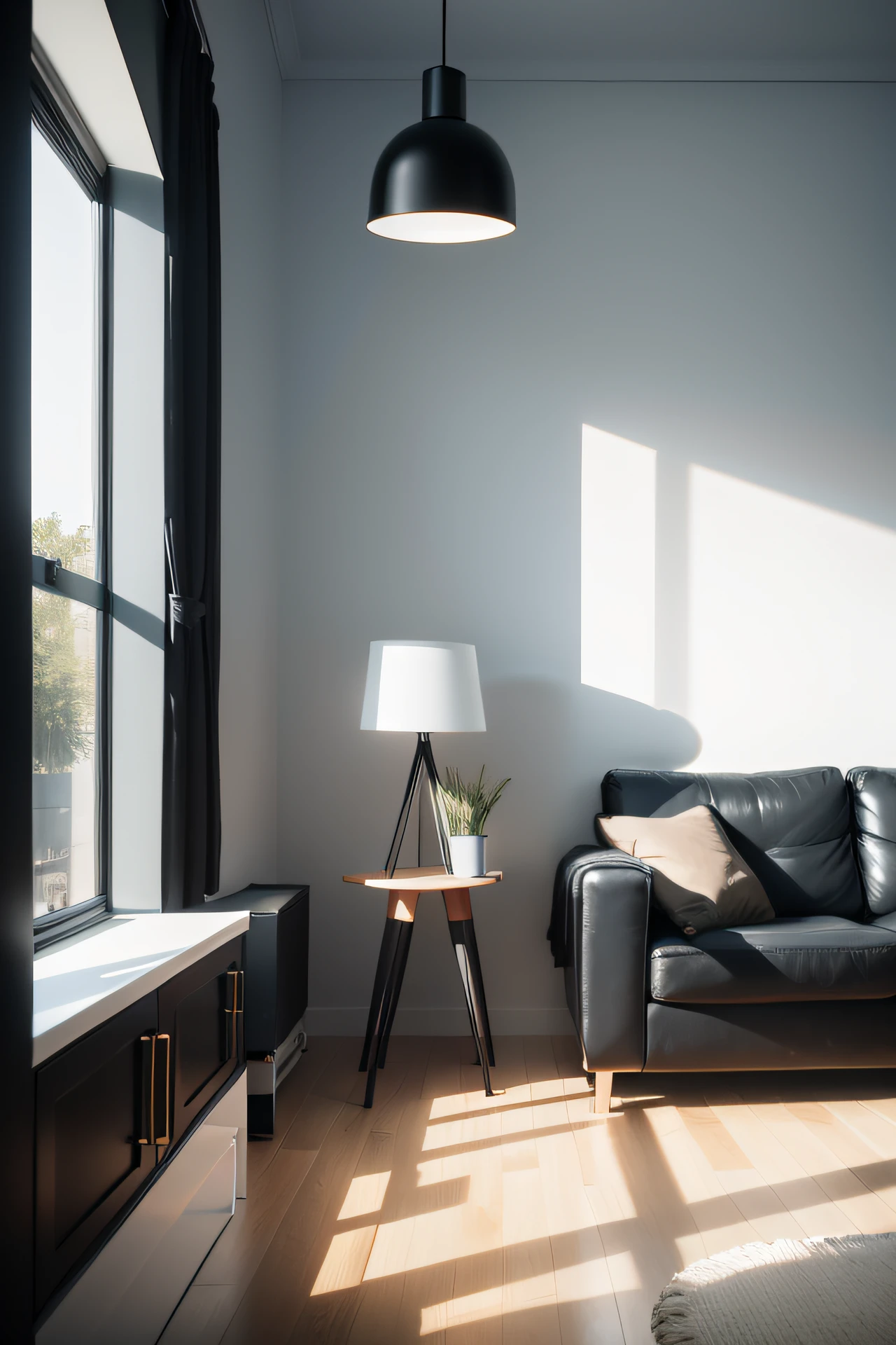 modern room, high ceilings, white wall, technology, black coach, paint on the wall, nobody, natural light,
lamp stand, away from wall, front view, 8k, 16:9 aspect ratio