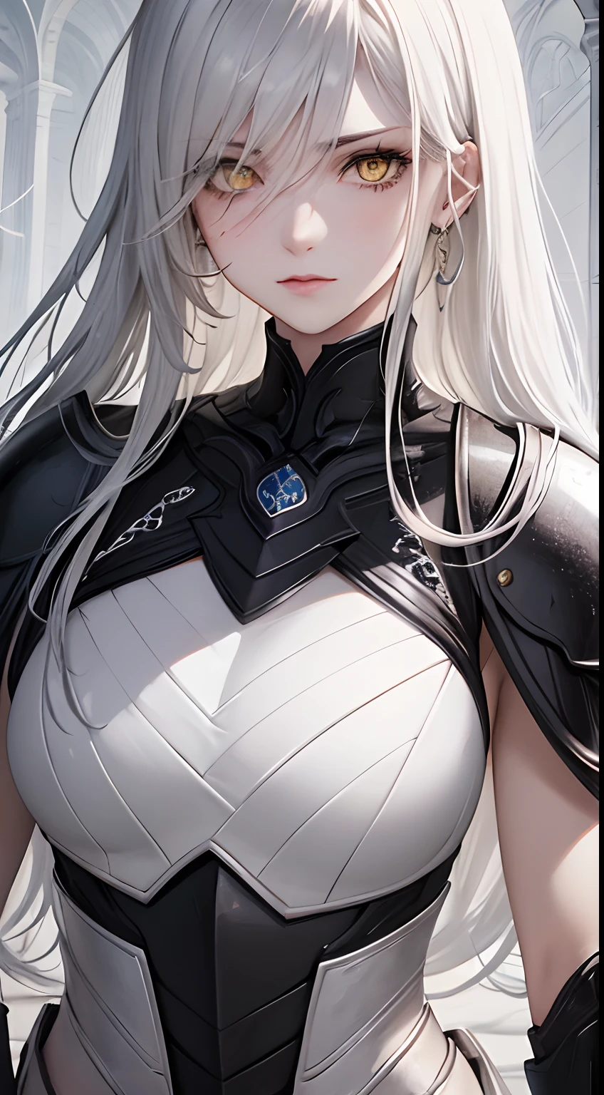 colorful,highest detailed, woman with white really long messy beautiful detailed hair serious eyes, dull eyes, dead inside, dark yellow eyes, beautiful, majestic, wearing evil black armor, evil, toned muscle,