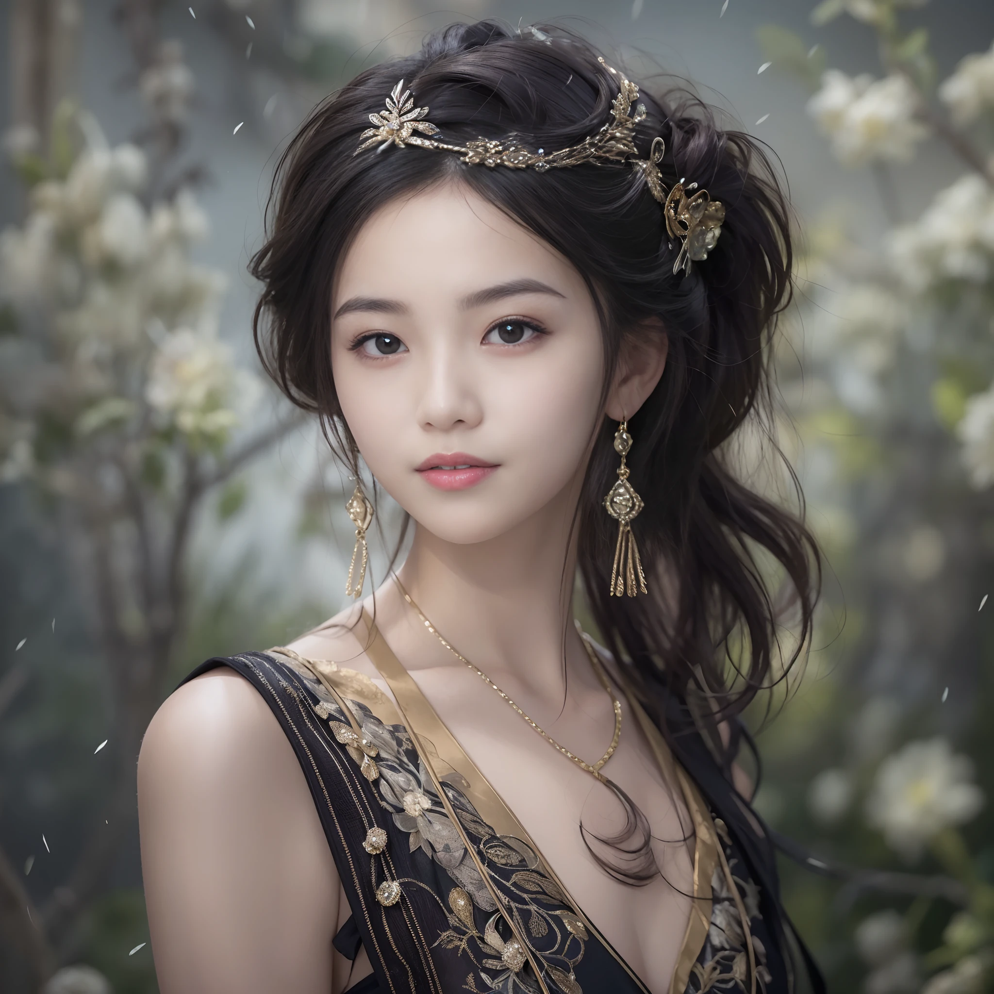best qualtiy, ultra - detailed,beautifuldetails，(1beautiful woman)，Hair ornament on the head，depth of fields,（alluring face）,（((Black Shorthair))），A sly smile, 电影灯光, Luxurious room， depth of fields,poster for