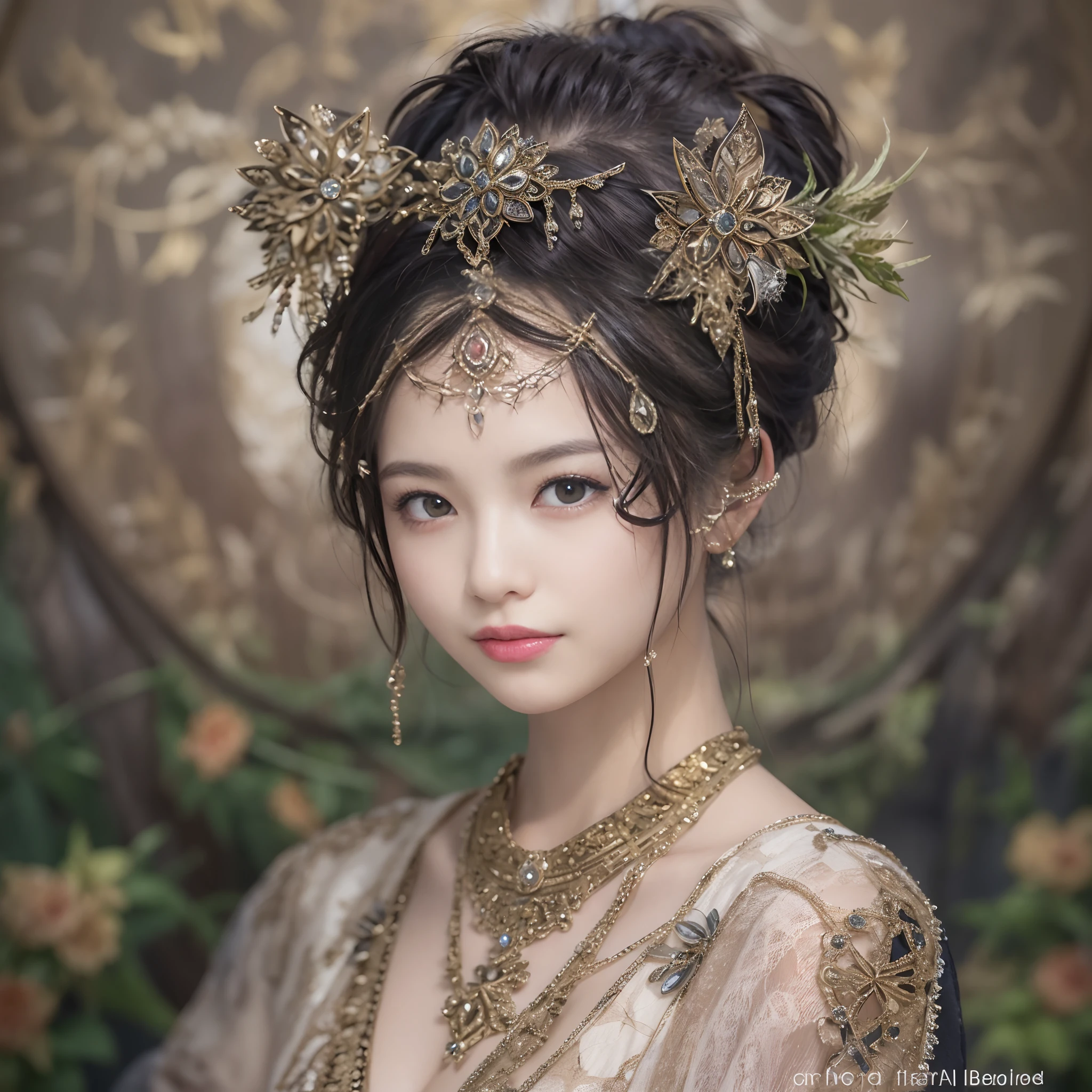 best qualtiy, ultra - detailed,beautifuldetails，(1beautiful woman)，Hair ornament on the head，depth of fields,（alluring face）,（((Black Shorthair))），A sly smile, 电影灯光, Luxurious room， depth of fields,poster for