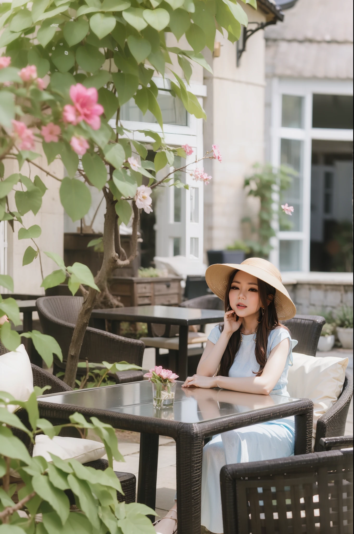 woman sitting at a table with a hat on and a flower in the background, at the terrace, ao dai, mai anh tran, in style of lam manh, cute woman, sitting with flowers, al fresco, on a sunny day, mid shot portrait, fanart, on a bright day, vietnamese woman, wearing an elegant outfit, 🤬 🤮 💕 🎀