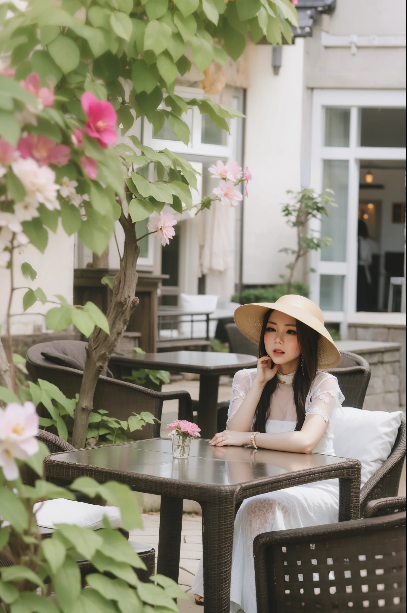 woman sitting at a table with a hat on and a flower in the background, at the terrace, ao dai, mai anh tran, in style of lam manh, cute woman, sitting with flowers, al fresco, on a sunny day, mid shot portrait, fanart, on a bright day, vietnamese woman, wearing an elegant outfit, 🤬 🤮 💕 🎀