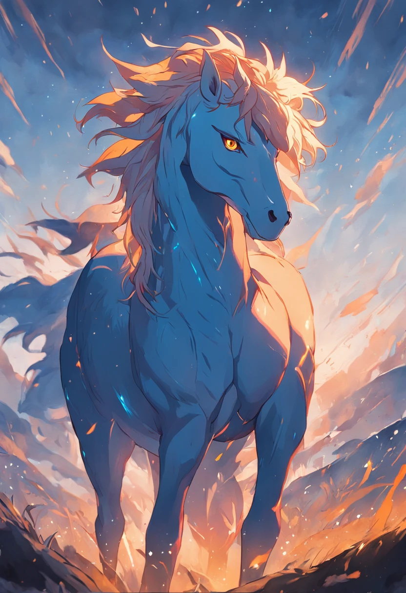 This is a surreal 32K Russia, Portrait of the mythical beast wild hors, Capture every pore and texture with delicate texture and form, A huge wild horse with golden stripe, Contrast with the surrounding landscape，（（Super massive）），blue color，In the background are the sky fiery mane, massive hooves, Unreal Engine5，Dreamy scenes，Shocking, dancingon a sketboard with a dog