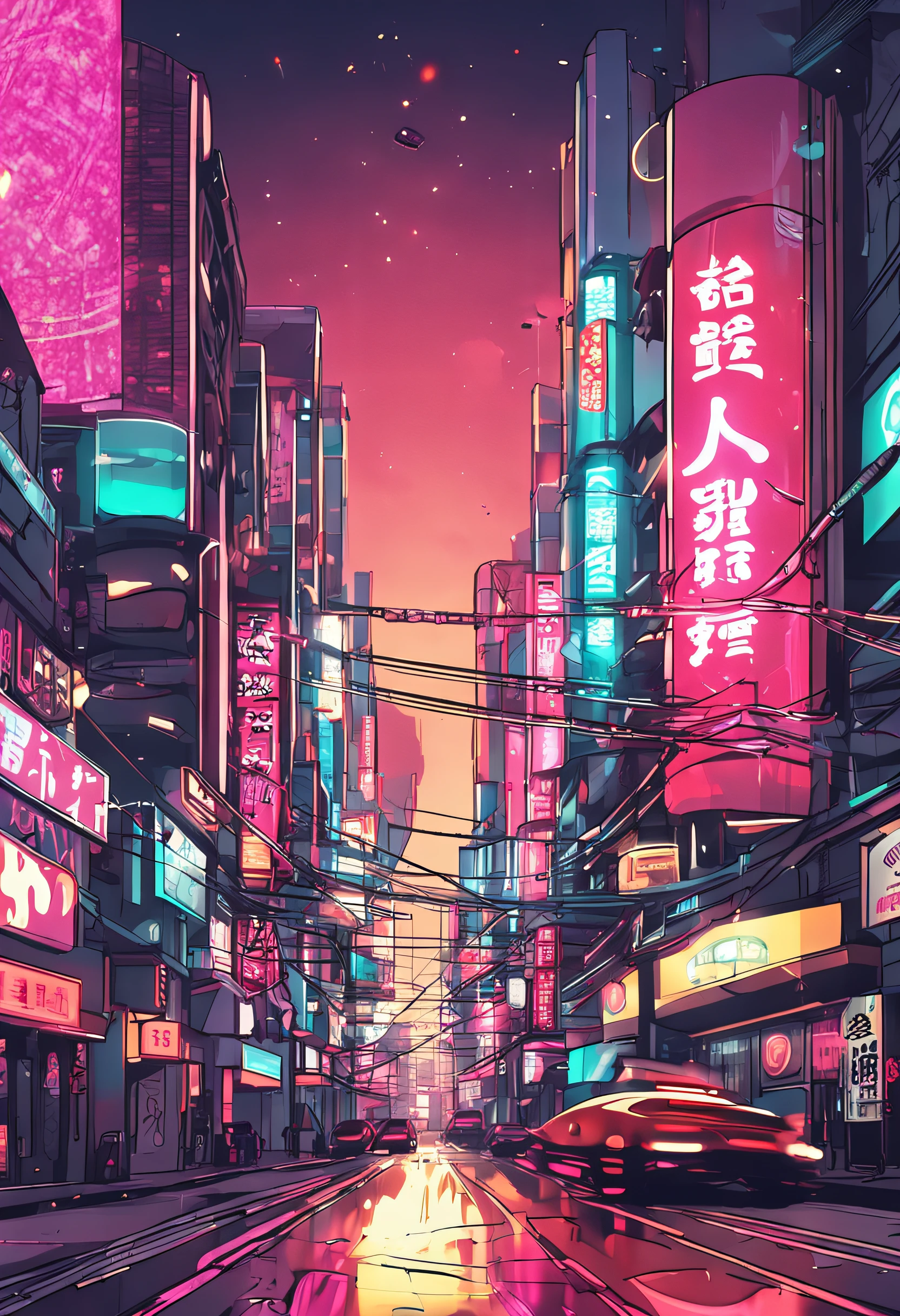 A Japanese city with futuristic style with several mirrored buildings with vibrant lighting and many twinkling lights on the realistic ultra HD signs style beautiful picture set wallpaper and realistic buildings with gleaming car signs