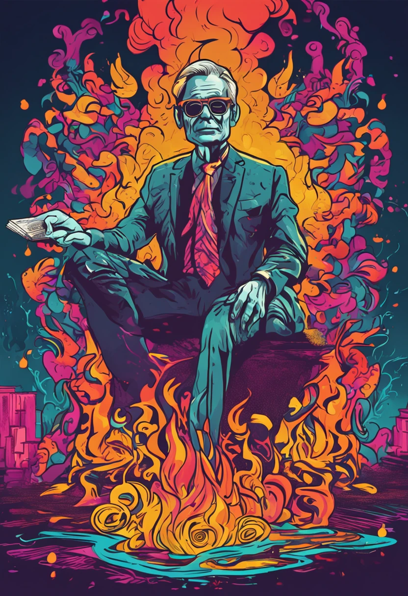 Create a psychedelic illustration of a character burning or tearing money