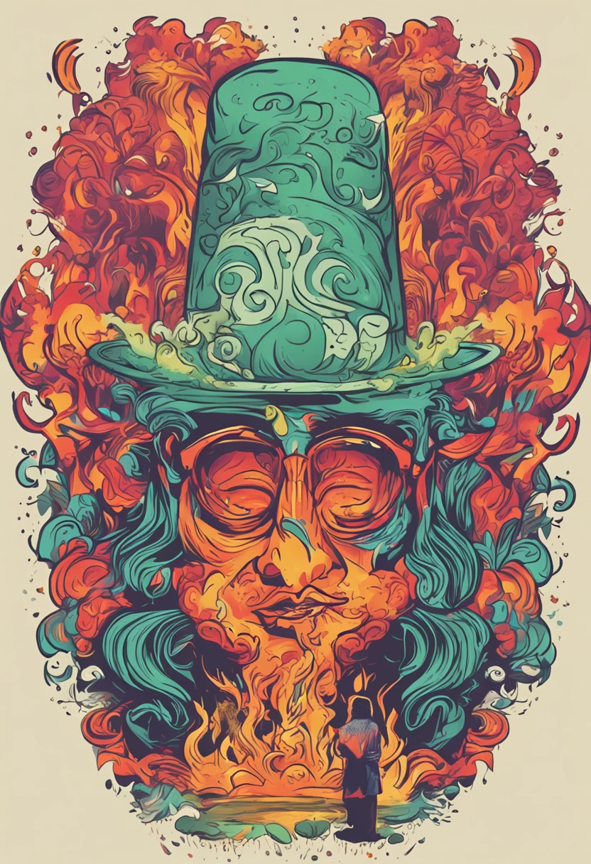 Create a psychedelic illustration of a character burning or tearing money