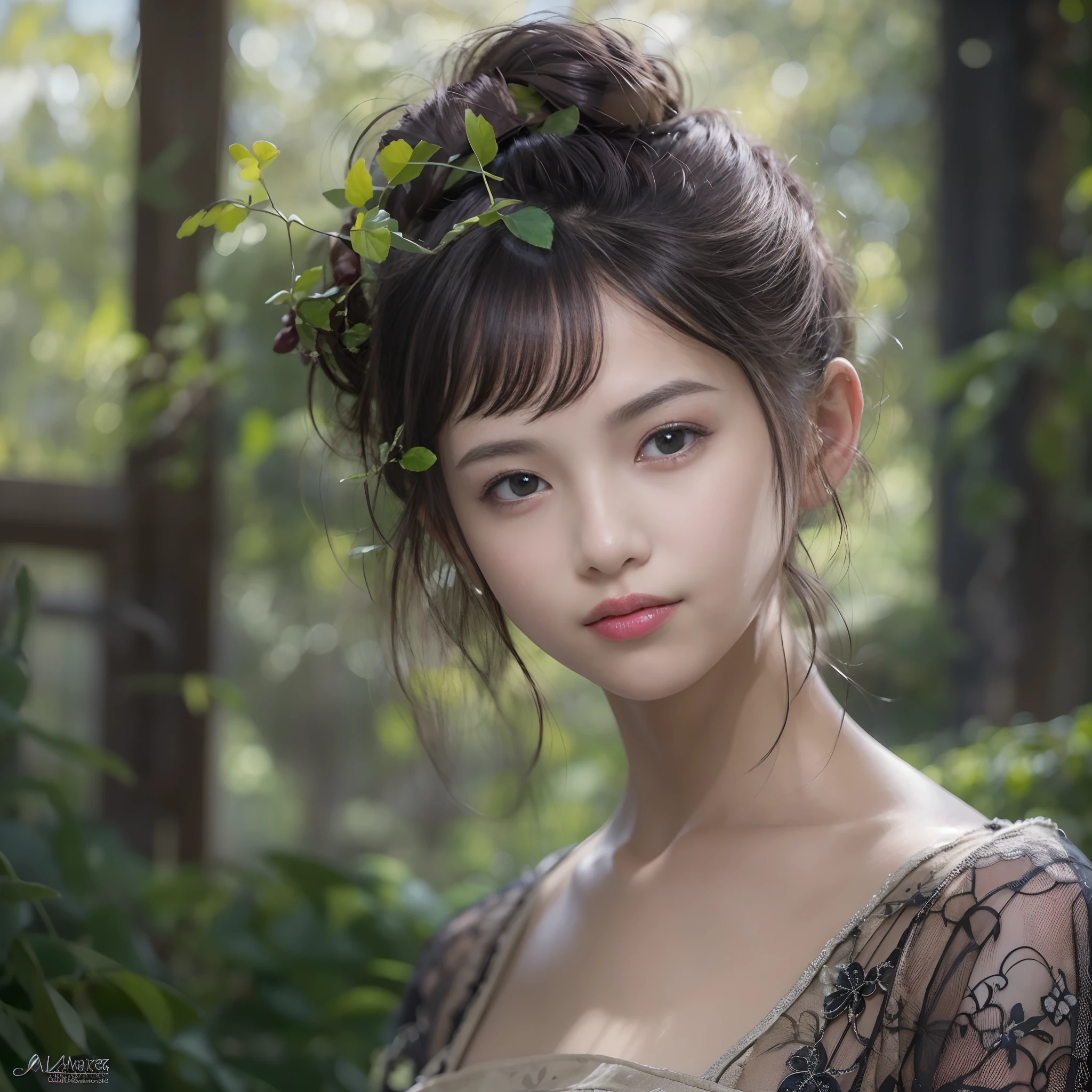 best qualtiy, ultra - detailed,beautifuldetails,(1beautiful woman),Hair ornament on the head,depth of fields,(alluring face),(((Black Shorthair))),A sly smile, 电影灯光, Luxurious room, depth of fields,poster for