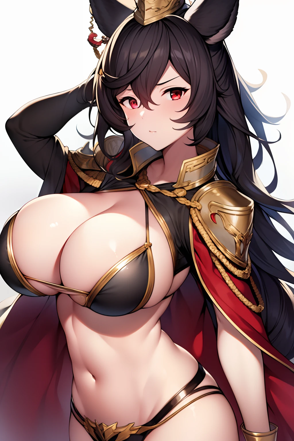 1girl, animal_ears, arm_up, armor, armpits, black_hair, breasts, buttons, cape, closed_mouth, commentary_request, detached_sleeves, double-breasted, erune, garrison_cap, granblue_fantasy, hair_between_eyes, hand_in_own_hair, hat, highres, ilsa_(granblue_fantasy), long_hair, long_sleeves, looking_at_viewer, medium_breasts, midriff, military, military_uniform, no_bra, pak_ce, pauldrons, red_cape, red_eyes, serious, shoulder_armor, sideboob, simple_background, sketch, solo, tsurime, uniform, upper_body, white_background, white_headwear