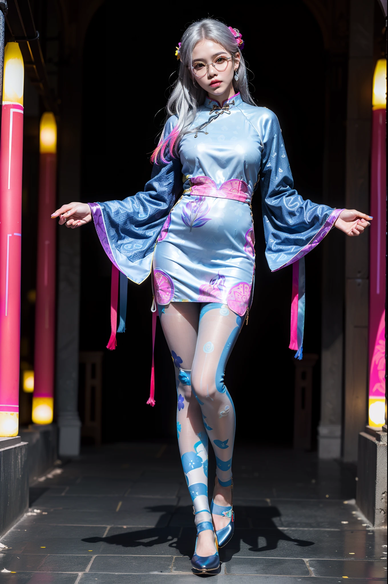 (full body:1.5)，(((only one girl)):1.4),(view the viewer:1.4)，((anatomy correct):1.45),(((dancing in the palace, Perfectly integrated background))):1.3),(she wears large glasses and Holding book in her hand:1.2),(shy:1.15)，(( cheongsam's set):1.2),(((((((patterns)))))) ,((thick pantyhose)):1.3),(((tattoo)):1.3),( Uniform high heels leather shoes with bows for female students:1.1)，((Long legs and large chest):1.3),((((((colorful clothing))))):1.4),(Accurate and perfect face:1.3),((Silver hair and very fair complexion):1.2)，hyper HD, Ray traching, reflective light， structurally correct, Award-Awarded, high detail, lighten shade contrast, Face lighting ，cinematic lighting, masterpiece, super detailing, high quality, high detail, best quality, 16k，High contrast,