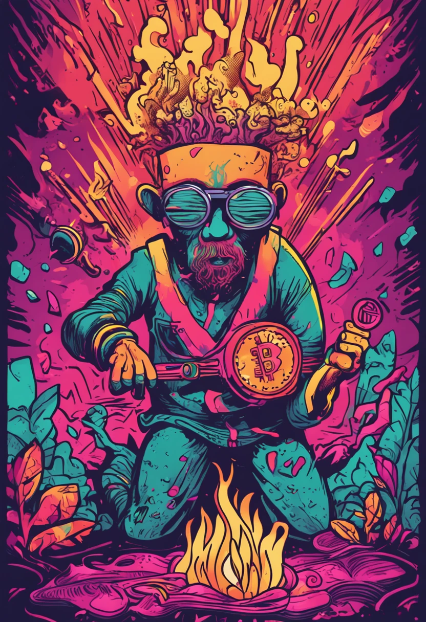 Create a psychedelic illustration of a character burning money
