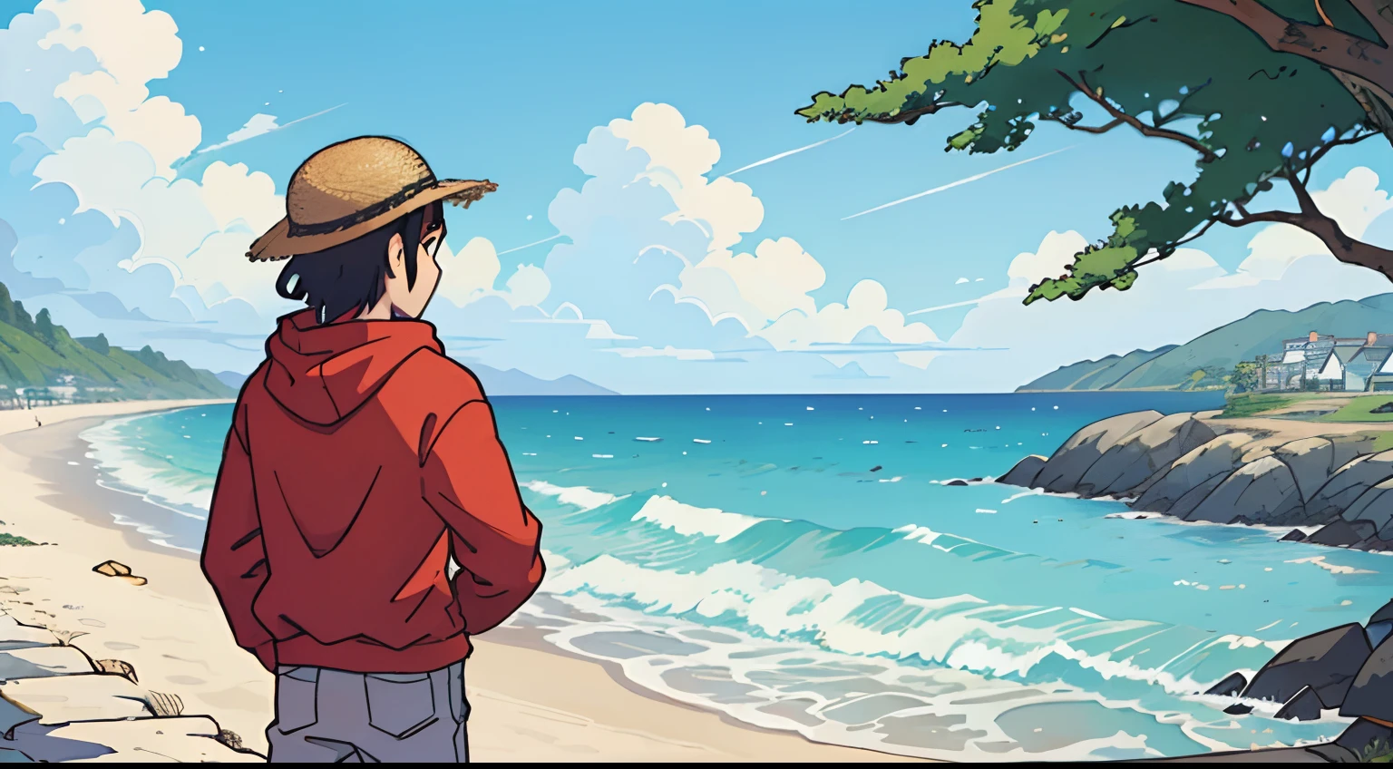 (best quality:0.8), (best quality: 0.8), perfect anime illustration, quiet scenery of a beach, back view of a young man in the distance looking at the sea, wearing a straw hat and a red hoodie.