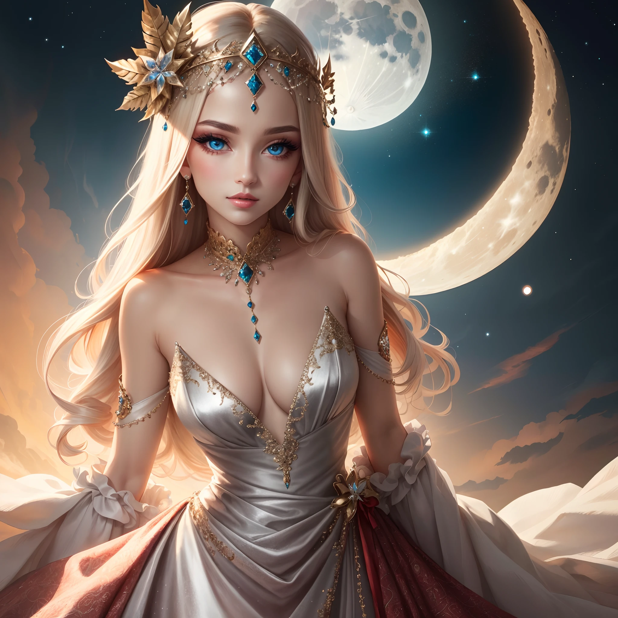 Hourglass eyes,Moon headdress,Princess coiled hair,Low neck crystal dress
