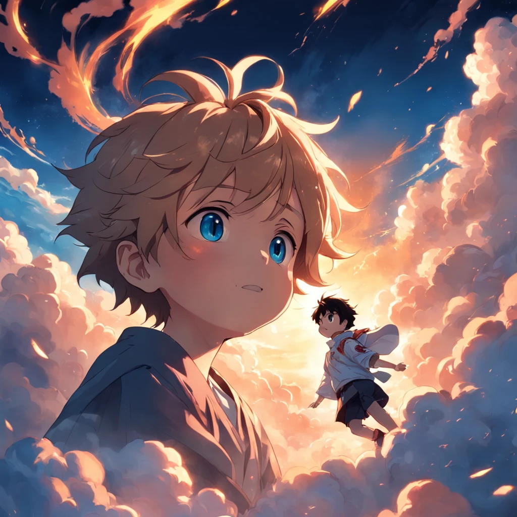 masterpiece, best quality, movie still, 1boy, cloud boy, floating in the sky, close-up, bright, happy, warm soft lighting, sunset, (sparks:0.7)