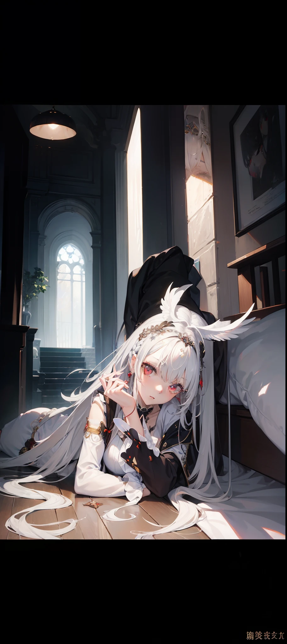 (masterpiece:1.5),(bestquality),highlydetailed,ultra-detailed,1girl,bishoujo,stare,red eyes,(beautiful detailed eyes:1.2),(long hair:0.8),(white hair:silver_hair:0.5),(Wing-like bangs:ahoge),Dull hair,(Medium chest: C cup:0.7),Hair rings,braid,cold