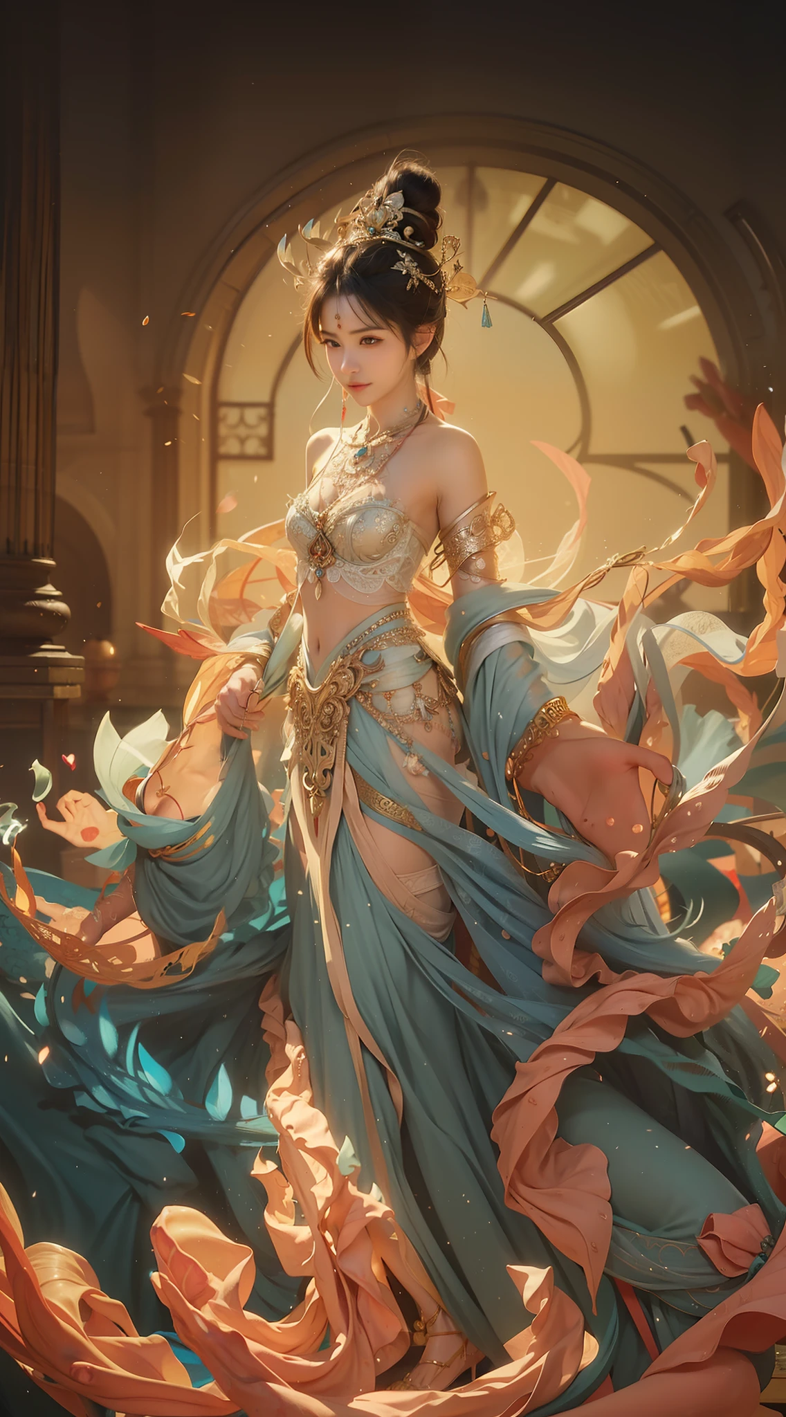 In the illustration of this super-grand scene，We enjoyed a fascinating sight，Various scenarios of the multiverse come together。In this intoxicating exterior，We see a mysterious Circe dancer，（The Circe dancer look incorporates Tiflin、the elf、fairy、Angels and many other magical fantasy races：9.99），ella（The whole body appears in the long-range shot：9.99）Half-dressed，She is graceful，Dance on the water。Her dancing magic keeps her costumes changing，Blend in with the beauty of the surroundings，Adds an unpredictable charm to the whole scene。The dancing of the Circe dancers is intoxicating，Her rainbow cape fluttered behind her like a flying carpet。This cape consists of different styles、colours、Made from small parts of materials and styles，The trailing tail is long and beautiful。Her dancing trajectory is accompanied by the glare effects of neon lights and magical stars，Blend in with your surroundings，Creates a stimulating atmosphere for the senses。Circe dancers have an extra-tall figure and curved curves that explode，Her body features are full of seductive sexiness。Her physical appearance includes:：（K-cup size with wide silhouette is oversized and teardrop-shaped chest：9.99）、（Narrowed sternum and waist and abdomen：6.66）、Charming face、（Huge Kaziran colored eyes：99.99）、Makeup、Slender neck、Beauty collarbone、Slender arms、（Graceful hands that are ergonomic and physiologically normal：9.99）、Slender waist and abdomen、Round buttocks and slender long legs，Showcases attractive curves and lines。Use Midjourney's advanced brush tools、Color palettes and texture packs，We are the faces of Circe dancers、skin、Costumes and rainbow capes give intricate textures，While increasing realism（Again add the super-large chest contour and inflate the chest：9.99）And make Jushuo teardrop chest soft elastic oil，She also made her costume and cape blend different materials，Show a variety of styles，From evening dresses to princess dresses to tulle，（Full of creativity and fashion：6.66），It also makes the whole sce