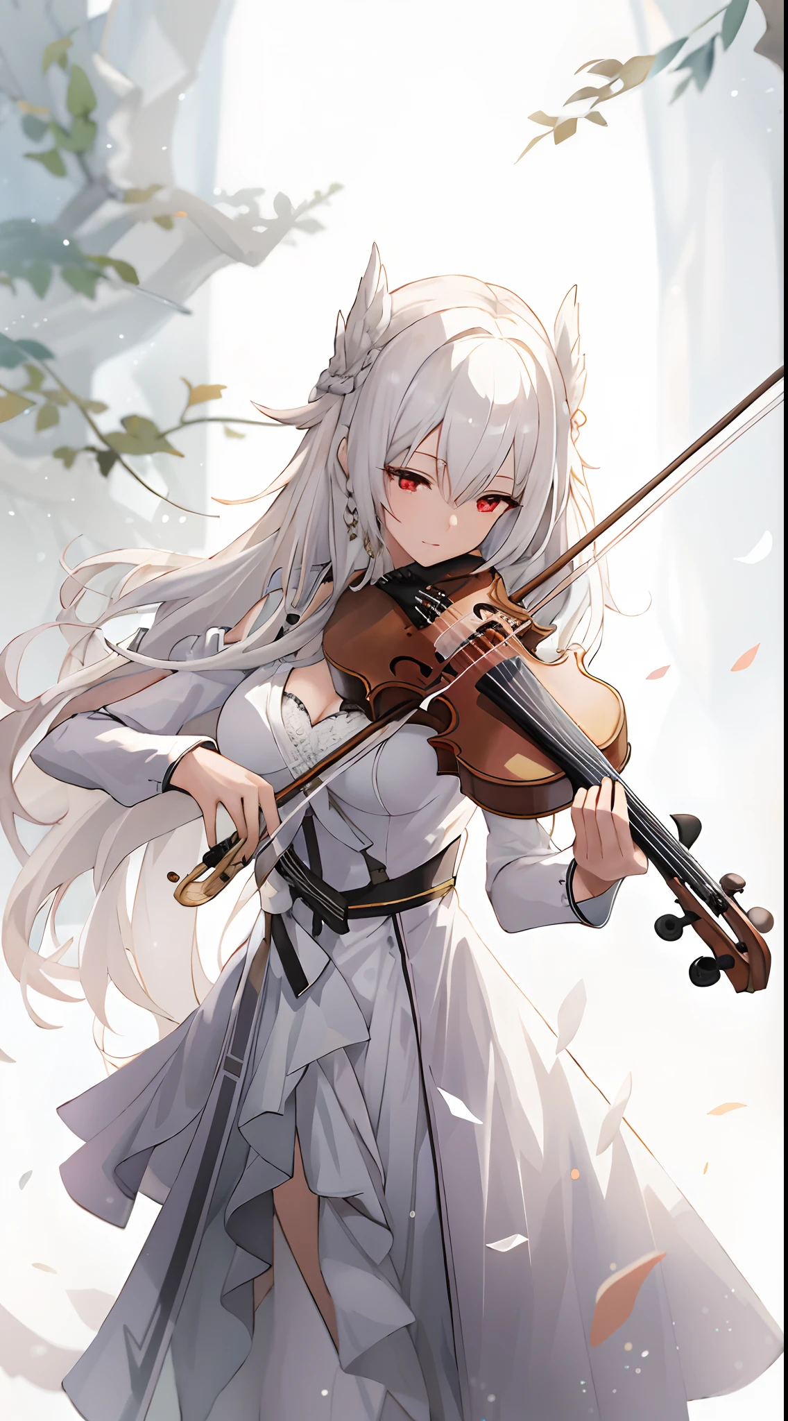 (masterpiece:1.5),(bestquality),highlydetailed,ultra-detailed,1girl,bishoujo,stare,red eyes,(beautiful detailed eyes:1.2),(long hair:0.8),(white hair:silver_hair:0.5),(Wing-like bangs:ahoge),Dull hair,(Medium chest: C cup:0.7),Hair rings,braid,cold,Anime girl playing violin in white dress with long hair, (fantasy violin), white-haired god, fantasy violin, Perfect white haired girl, white haired Cangcang, nightcore, Girl with white hair, Detailed key anime art, violin, Artgerm and Atey Ghailan, white haired lady, detailed anime art, From Arknights,offcial art