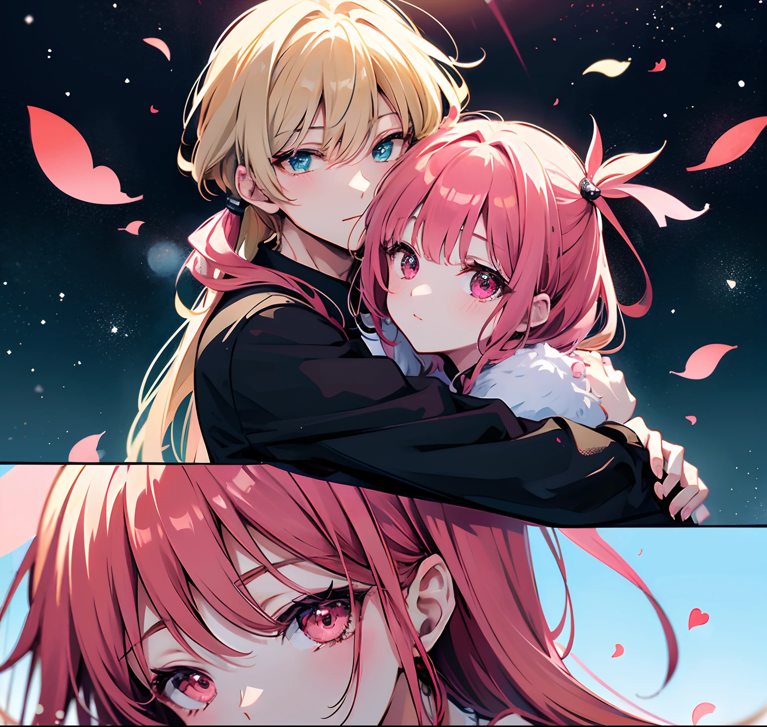 anime - style image of a couple hugging each other in a hug, arm around her neck, hugging, hugging each other