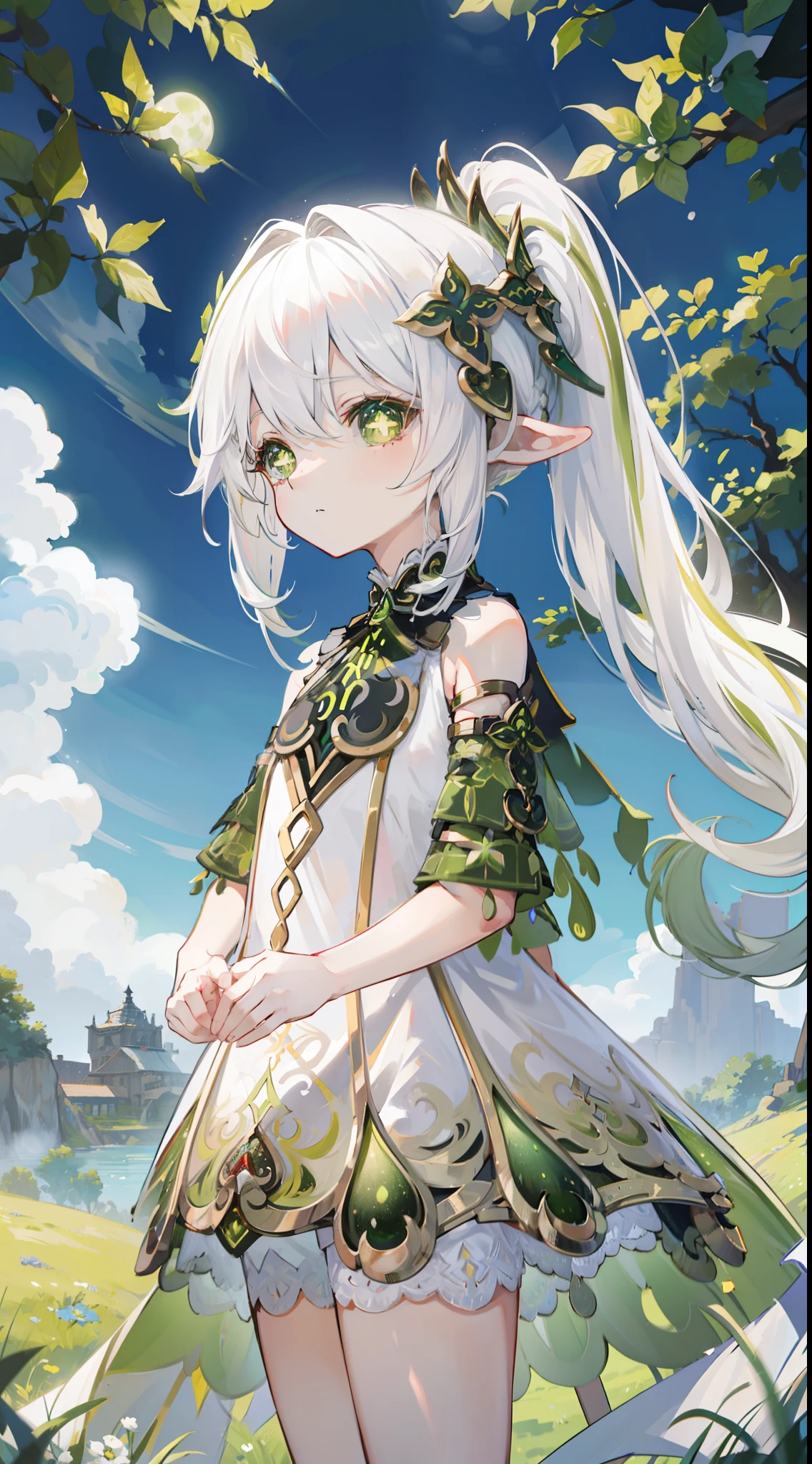 naked, nude, vagina, loli, outside, flat chest, eight years old, open mouth, happy, smiling, sunny, happy, bright sunlight, grass, pointy ears, hair ornament, white hair, green hairstreak, from below, side ponytail, masterpiece, best quality