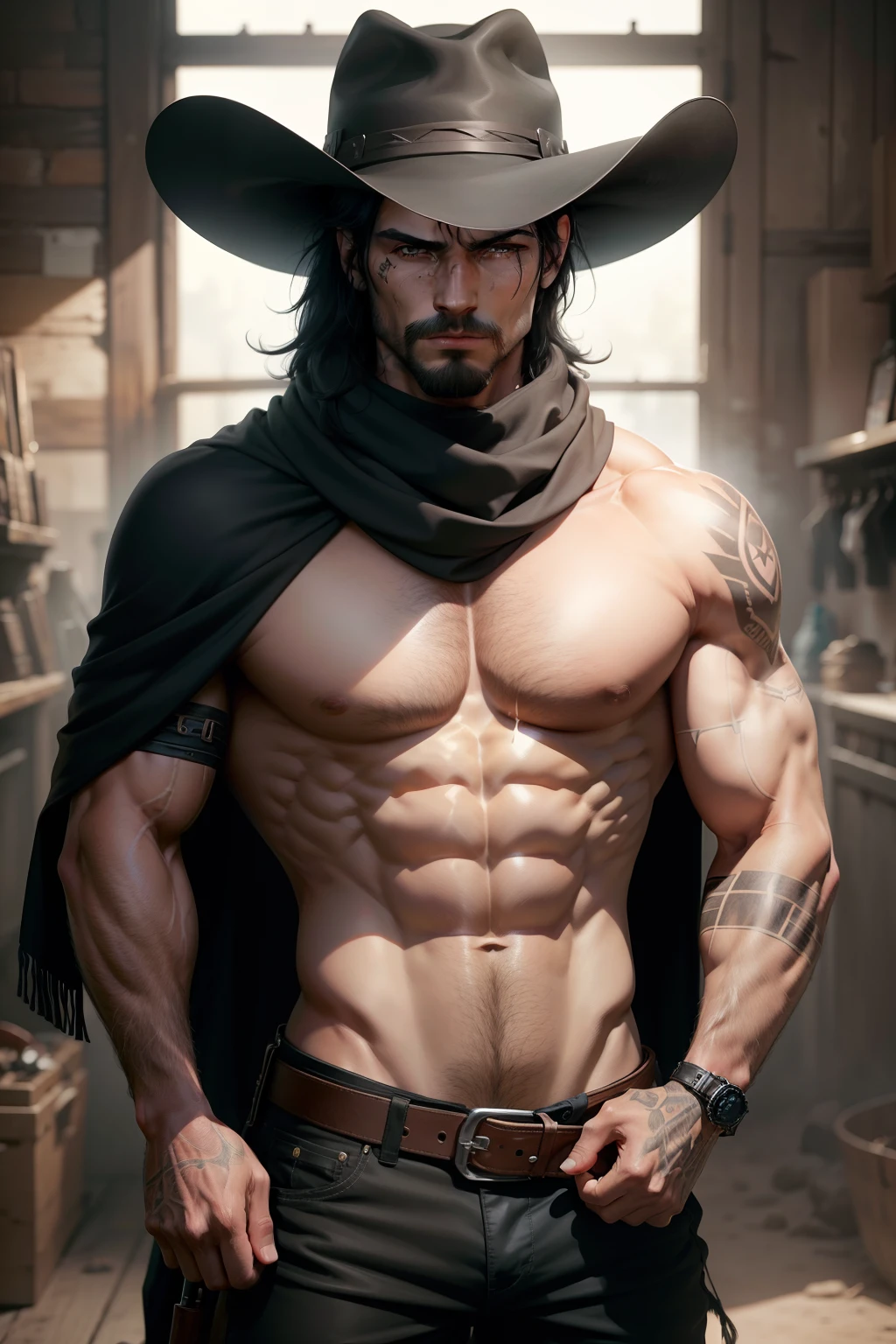Cowboy with a big black hat, There are no clothes, You can see a strong muscular body in a tattoo, The mouth is covered with a scarf, Small black hair, right eye with a scar, The left eye is covered with a black bandage, holds a pistol in his hand