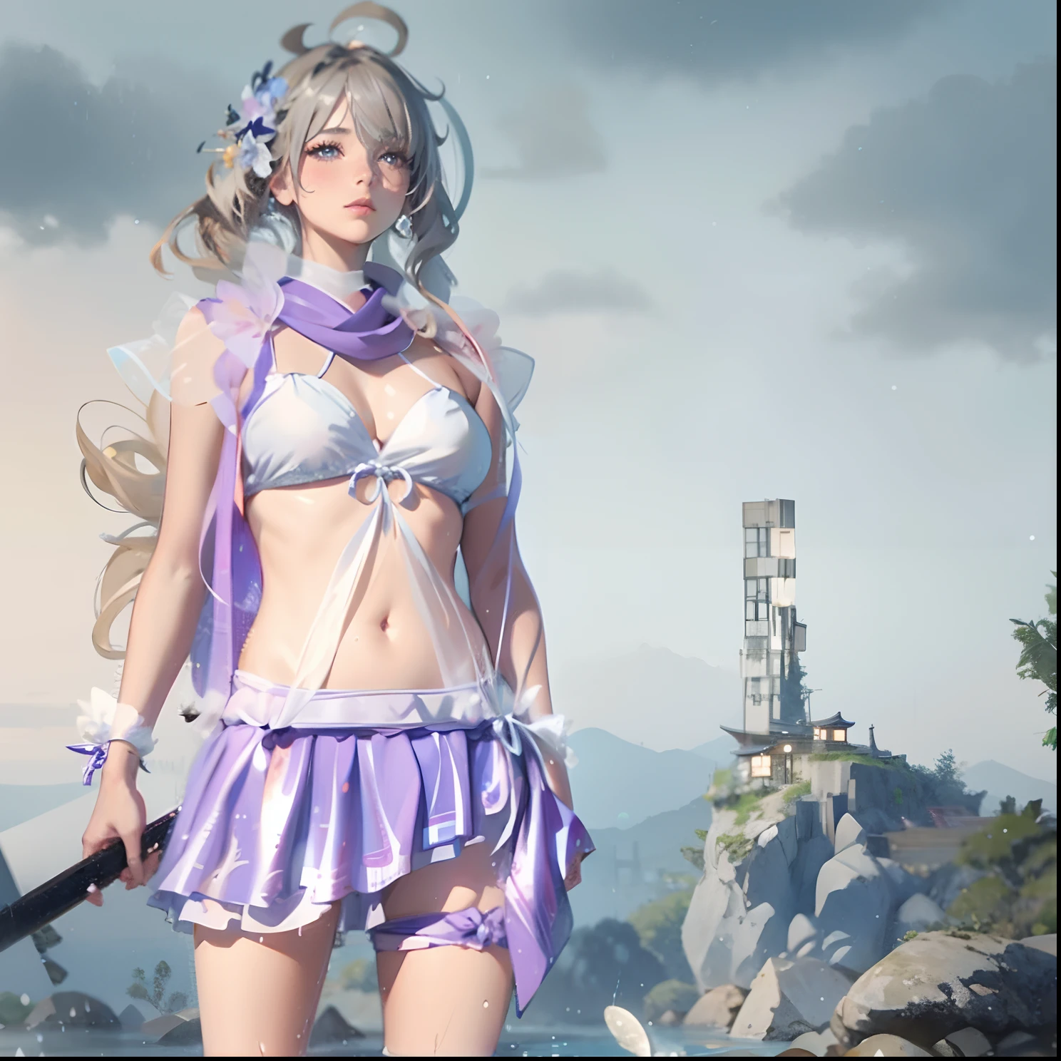 1girl, breasts, moon, lantern, night, solo, large breasts, hair ornament, wet, kimono, japanese clothes, wading, water, hair flower, flower, outdoors, sky, full moon, rain, black hair, off shoulder, mountain, cloud, holding, sash, bare shoulders, paper lantern, standing, white kimono, night sky, sideboob, obi, wet clothes, bangs, tree, from side, reflection, short hair, cloudy sky, wet hair (((masterpiece),(extremely detailed CG unity 8k wallpaper),best quality,,solo,1girl,cinematic lighting,detailed background,beautiful detailed eyes,bright pupils, (an extremely delicate and beautiful),(Beautiful and detailed eye description), ultra-detailed,masterpiece,)),