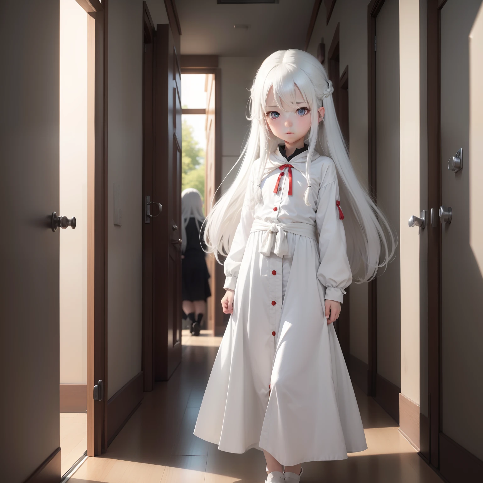 White-haired ,Long hair and waist,Full body photo,expressiveless,The hair is a little messy,adolable,Gray pupil of the left eye,Red pupil of the right eye