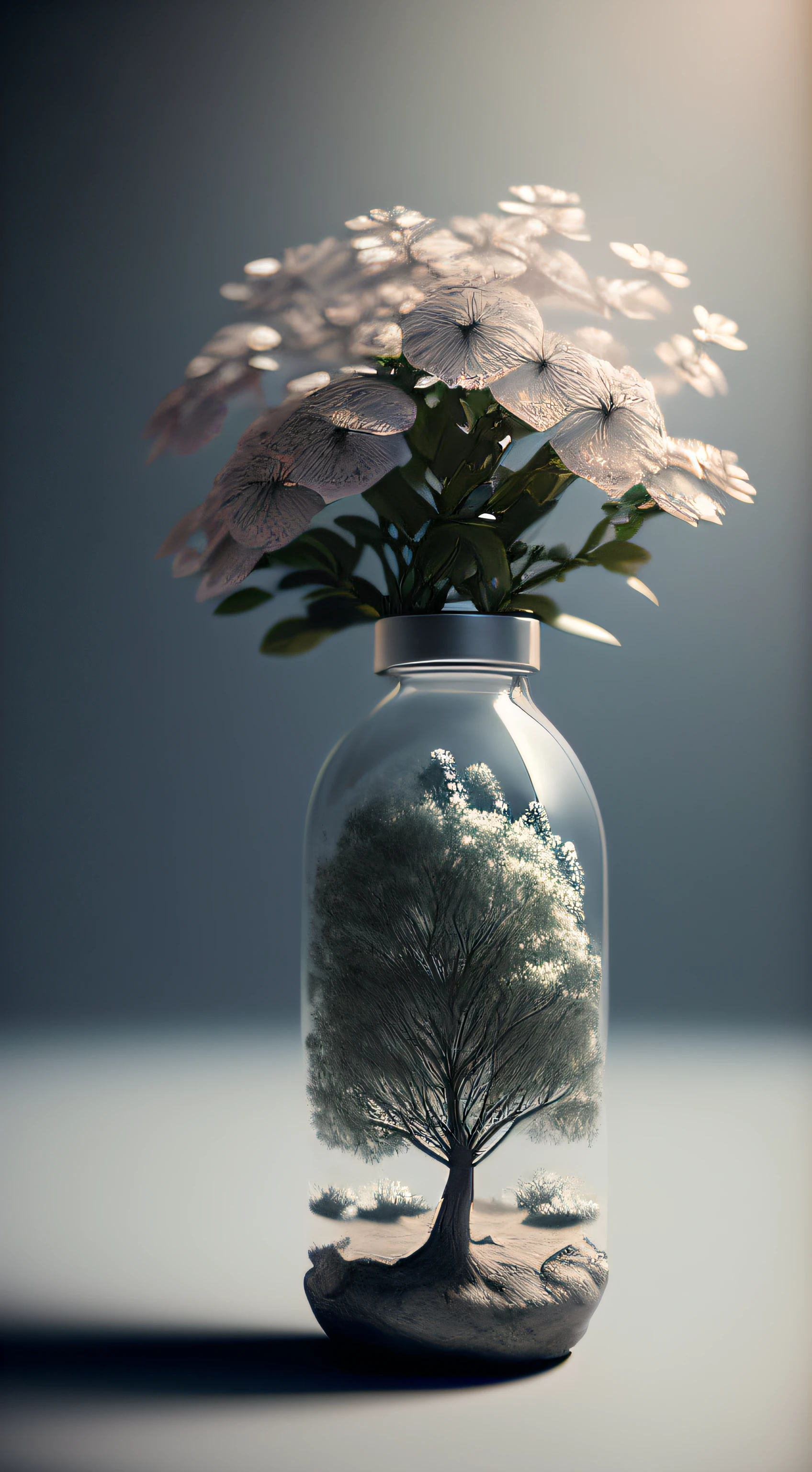 A dreamy tree of art in a bottle, Felpudo, Realistic, Fotografias, canon, sonhador, artistic, folhas e galhos brilhantes, with flowers above my head. Ultra Detailed Photo Realism by Greg Rutkowski - H1024W 804 | Marcadores de lente F16 2:2S 3555mm Particle Film: 1 Realistic high-resolution sharp focus contrast!! Intricate and detailed atmospheric refractive lighting from the photography masterpiece Unreal Engine 5 Octane film concept renders trends in CGSociety