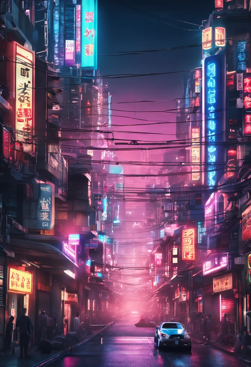 A Japanese city with futuristic style with several mirrored buildings with vibrant lighting and many twinkling lights in the realistic style of ultra HD signs beautiful wallpaper set of images and realistic buildings with gleaming license plates