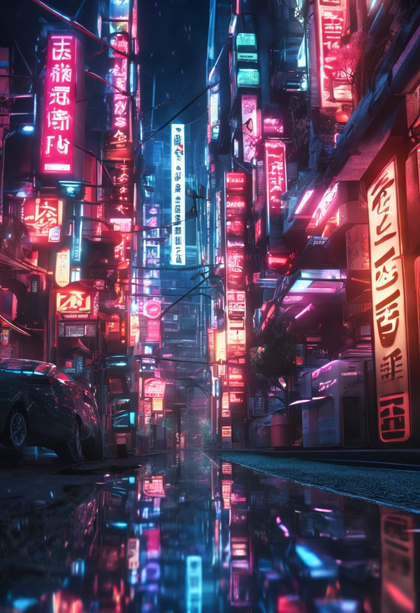 A Japanese city with futuristic style with several mirrored buildings with vibrant lighting and many twinkling lights in the realistic style of ultra HD signs beautiful wallpaper set of images and realistic buildings with gleaming license plates