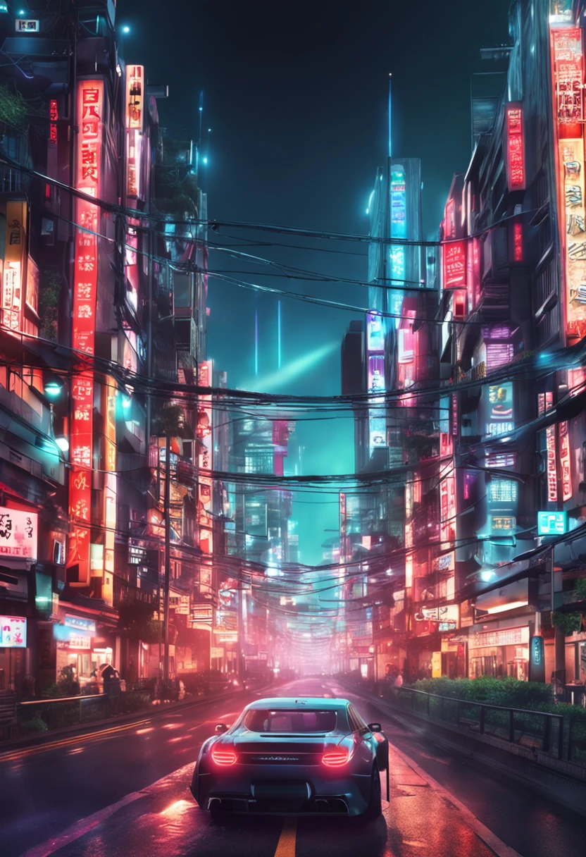 A Japanese city with futuristic style with several mirrored buildings with vibrant lighting and many twinkling lights in the realistic style of ultra HD signs beautiful wallpaper set of images and realistic buildings with gleaming license plates