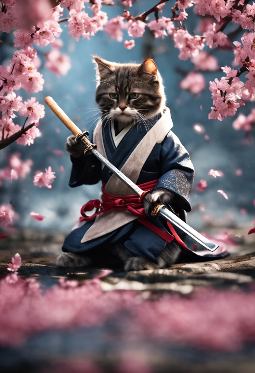 Amazing detailed photography of a cute adorable samurai kitten holding Katana with 2 paws, Cherry Blossom Tree petals floating in air, high resolution, piercing eyes,lifelike fur, Anti-Aliasing, FXAA, De-Noise, Post-Production, SFX, insanely detailed & intricate, hypermaximalist, elegant, ornate, hyper realistic, super detailed,  coloration, serene, 16k resolution, full body,