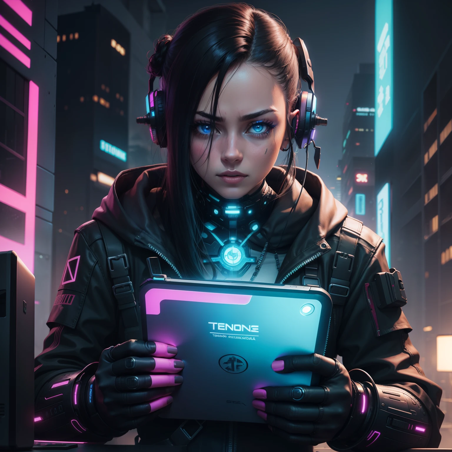 (best quality, masterpiece:1.2), photorealistic, thick outlines, strong shadows, <lora:add_detail:0.75>,
1 girl, adult icelandic woman, freckles, dark brown eyes, gray shag hair,
portrait, looking at viewer, solo, half shot, detailed background, detailed face, (1980s synthwave theme:1.1) high-tech futuristic hacker, smirk, advanced technology, techwear, electronics, blue (holographic display:1.05), error message, numbers, computer, artificial intelligence, hacker van in background, blue lights, dark sinister atmosphere,