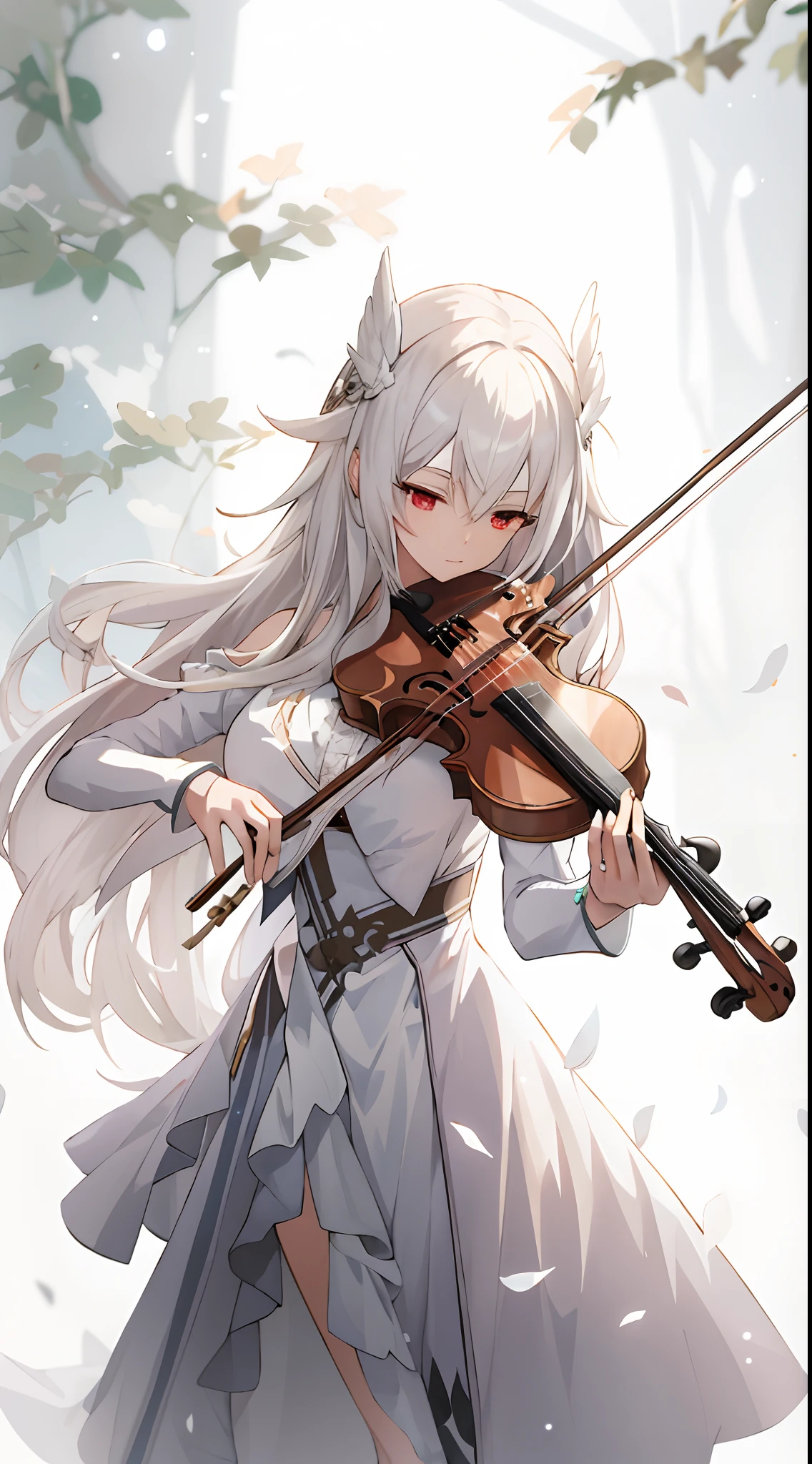 (masterpiece:1.5),(bestquality),highlydetailed,ultra-detailed,1girl,bishoujo,stare,red eyes,(beautiful detailed eyes:1.2),(long hair:0.8),(white hair:silver_hair:0.5),(Wing-like bangs:ahoge),Dull hair,(Medium chest: C cup:0.7),Hair rings,braid,cold,Anime girl playing violin in white dress with long hair, (fantasy violin), white-haired god, fantasy violin, Perfect white haired girl, white haired Cangcang, nightcore, Girl with white hair, Detailed key anime art, violin, Artgerm and Atey Ghailan, white haired lady, detailed anime art, From Arknights,offcial art