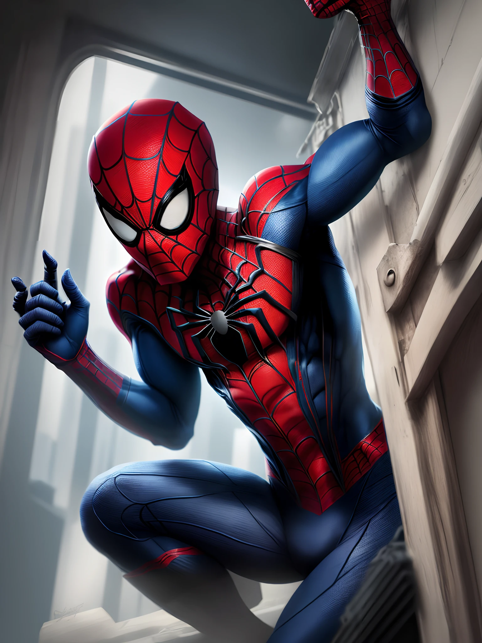 19 year old Spider-Man with dark ginger hair wearing a black and burgundy Spider-Man suit.