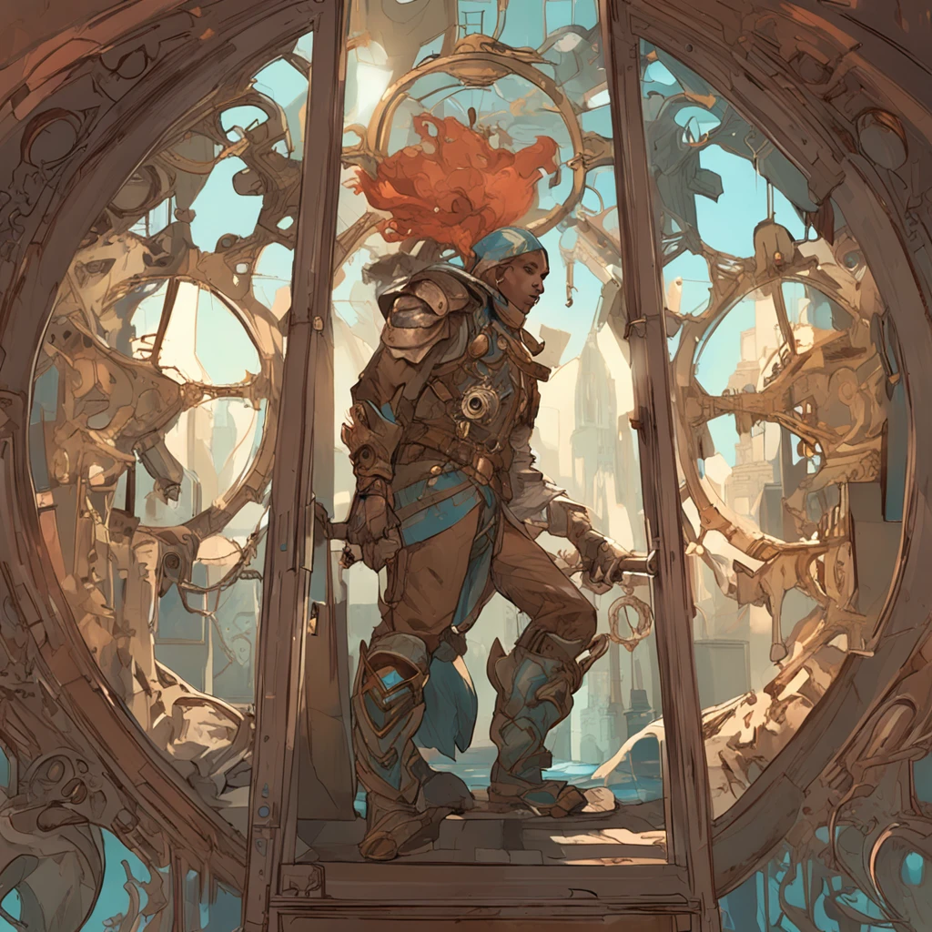 The key focus is on the watch on the character's wrist,Big perspective,Look up at the character from the watch。The figure stands in front of the mirror and looks in the mirror,Character looking in the mirror,Hand on either side of the sink,mohrbacher, by Krenz Cushart, wlop and krenz cushart, peter mohrbacher art style, In the artistic style of Morebach, krenz cushart and artem demura, Peter Morebach C