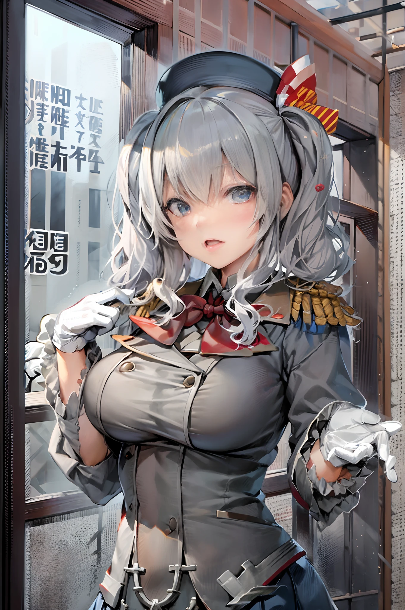 KashimaOG, kashima \(kancolle\), beret, epaulettes, red neckerchief, frilled sleeves, long sleeves, military uniform, (white gloves) miniskirt, pleated skirt, anchor,