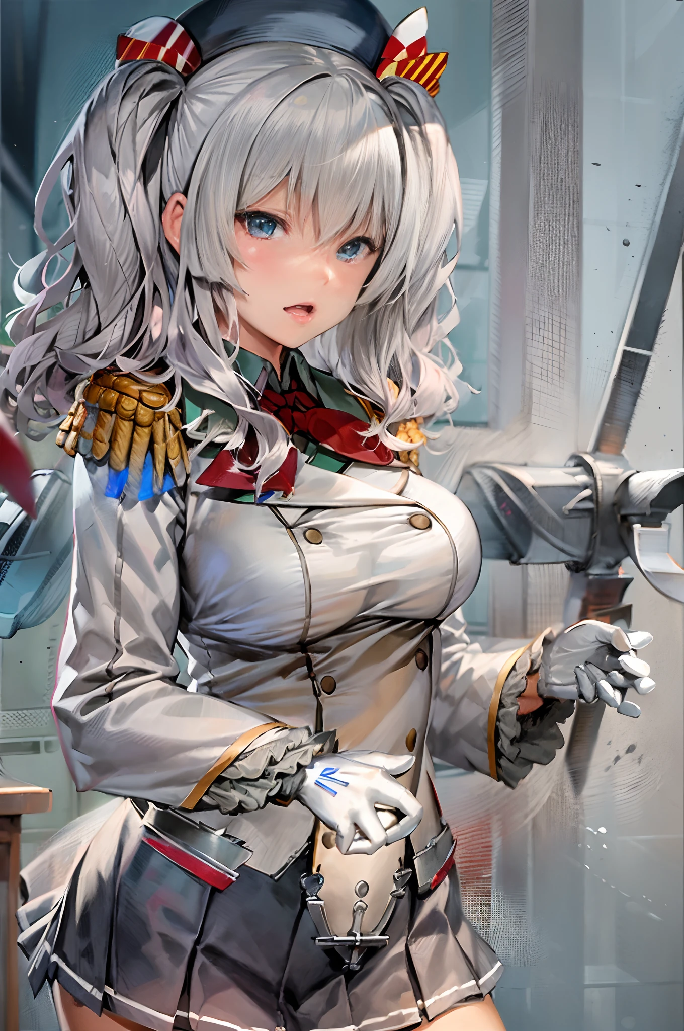 KashimaOG, kashima \(kancolle\), beret, epaulettes, red neckerchief, frilled sleeves, long sleeves, military uniform, (white gloves) miniskirt, pleated skirt, anchor,