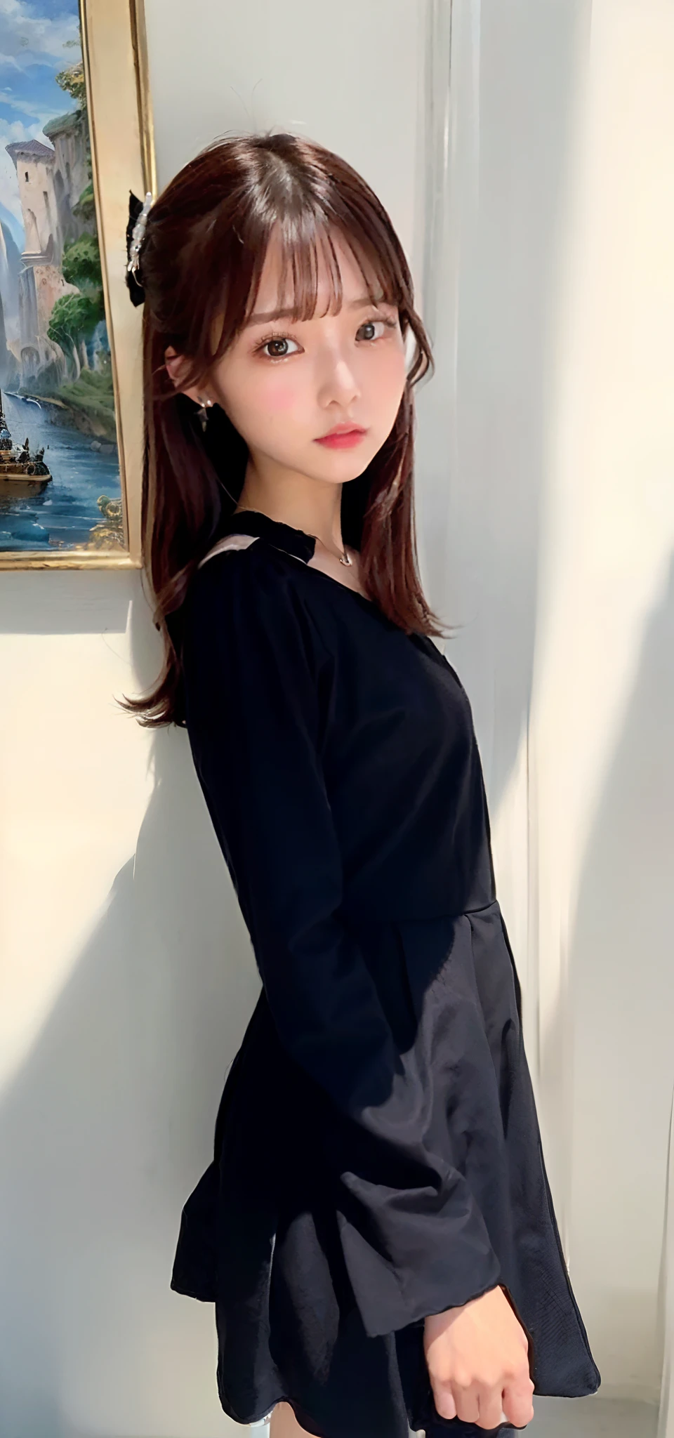 (8K、Top image quality、​masterpiece、超A high resolution、high detailed face:1.3)、portlate、(20 years girl:1.3)、Beautiful fece、kawaii、Black dress、from the front side、inside in room