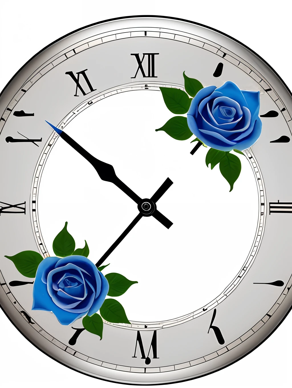 A single, vibrant blue rose, encircled in a perfect circle, delicately placed on a clock face with intricate silver hands, against a pristine white backdrop.