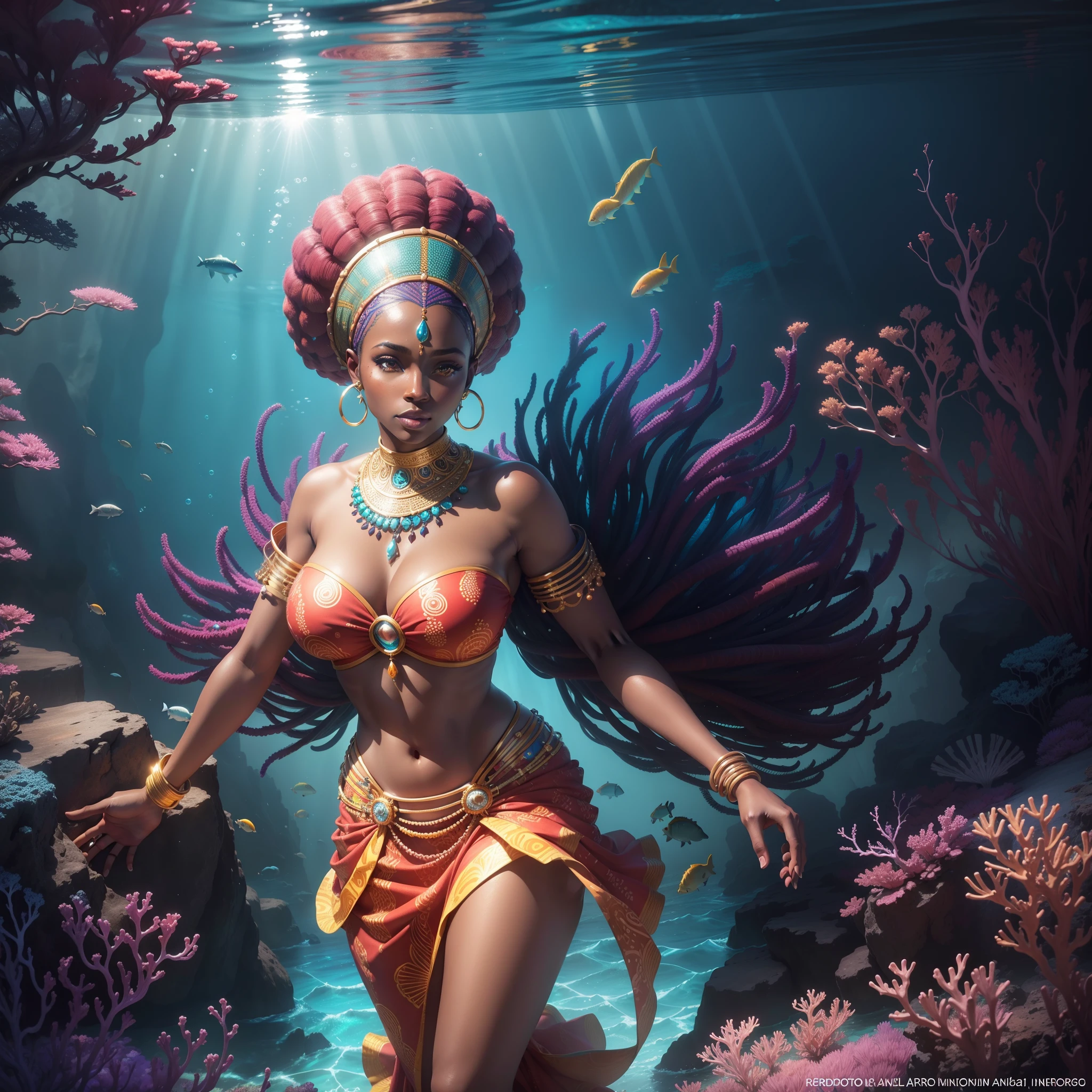 A beautiful African woman dressed in beautiful vibrant african design clothes, playing drums under the ocean surrounded by coral reefs and aquatic animals, moonlight piercing through the ocean with iridescent light, highly detailed images, vibrant beautiful colours, photorealistic image, 8k, ultra HD, unreal engine rendered, cinematic lighting, artgerm style,