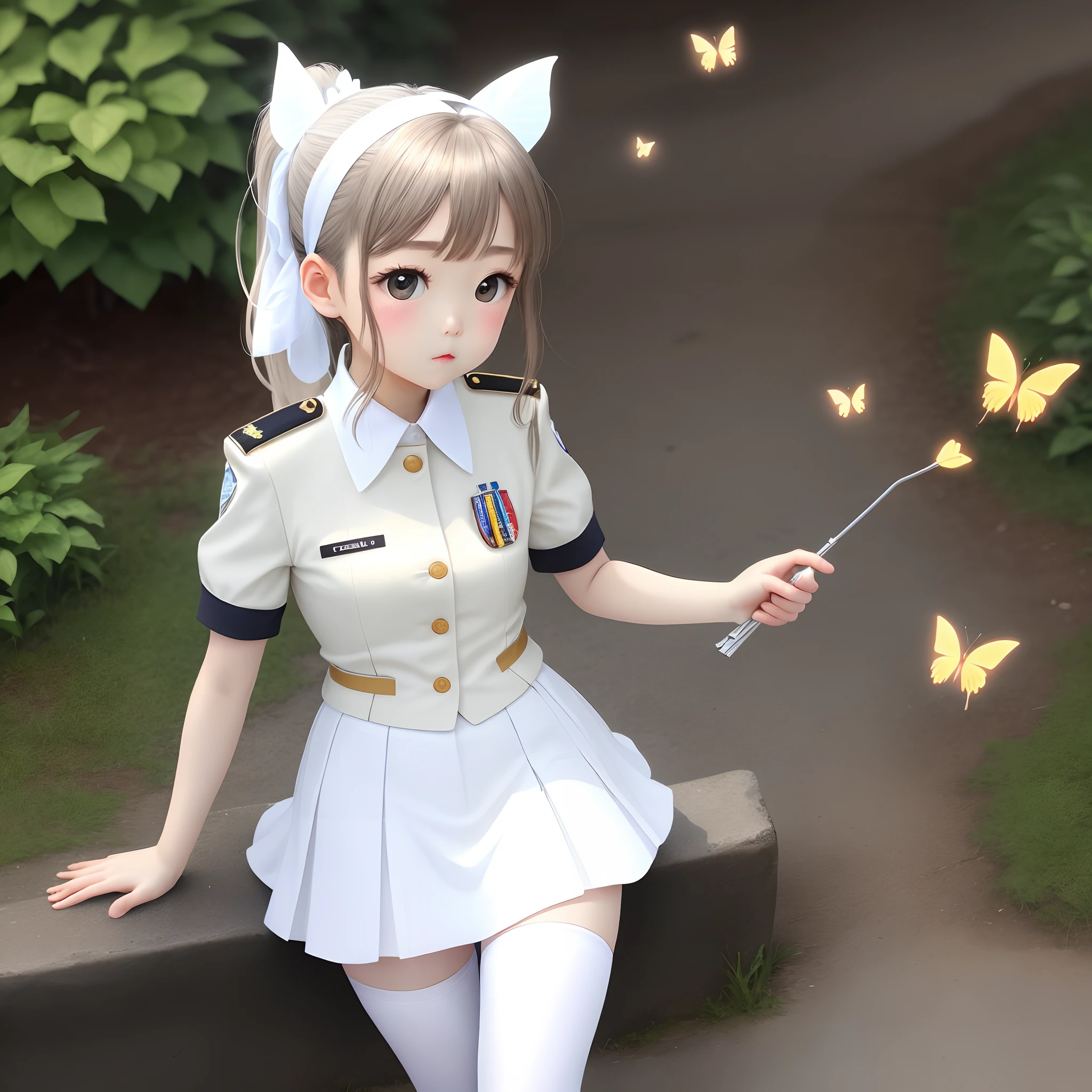 White double ponytail,Headband butterfly hairpin,A white uniform,white skirt,White tights。The appearance of a little loli