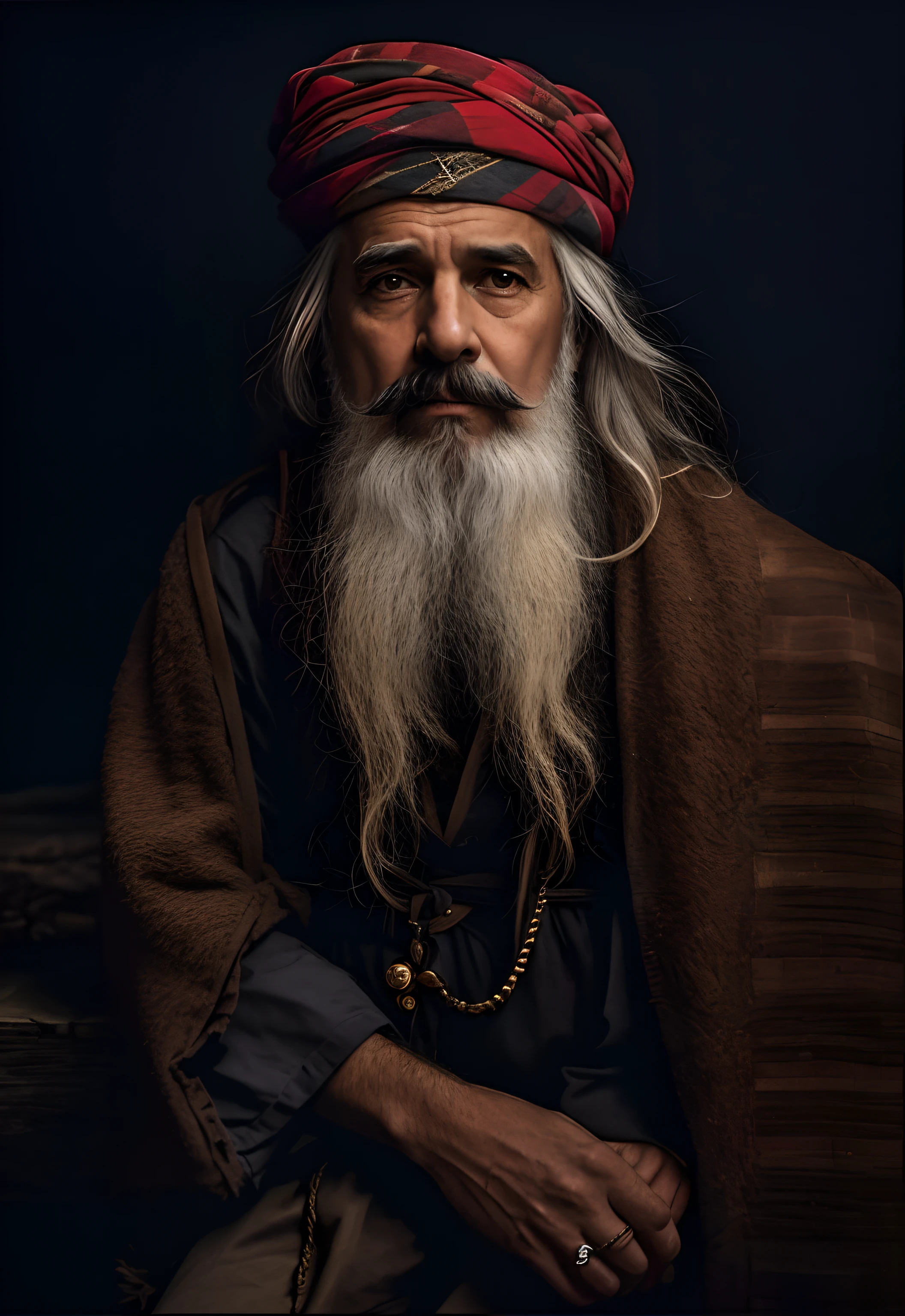 um homem maduro de barba muito longa e turbante vermelho sentado, Retrato de um bruxo da sabedoria, Retrato de Merlin, 8k artistic portrait photography, retrato medieval, barba e cabelo brancos muito longos, portrait of bedouin d&d, foto do retrato de um homem velho, Retrato de um Mago, mago masculino, Retrato de um velho rei medieval, Velho Rei Medieval, Monge ucraniano