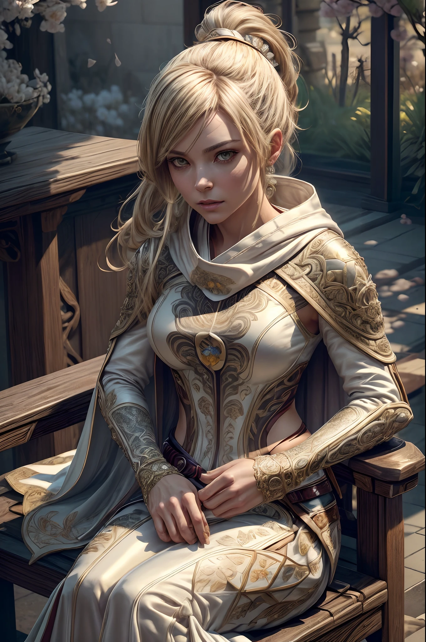 full body, sitting on bench, seductive pose, slow motion, IvoryGoldAI (rogue thief:1.2) female wearing full body multiple stitched layer (leather armor:1.2), neckline, (white silk cloak), (fabric with intricate pattern:1.2), (insanely detailed, bloom:1.5), (highest quality, Alessandro Casagrande, Greg Rutkowski, Sally Mann, concept art, 4k), (analog:1.2), (high sharpness), (detailed pupils:1.1), (painting:1.1), (digital painting:1.1), detailed face and eyes, Masterpiece, best quality, (highly detailed photo:1.1), 8k, photorealistic, (long dark blonde hair, ponytail haircut, ecstatic:1.1), (young woman:1.1), By jeremy mann, by sandra chevrier, by maciej kuciara, sharp, (perfect body:1.1), realistic, real shadow, 3d, (japanese sakura garden background:1.2), (by Michelangelo)