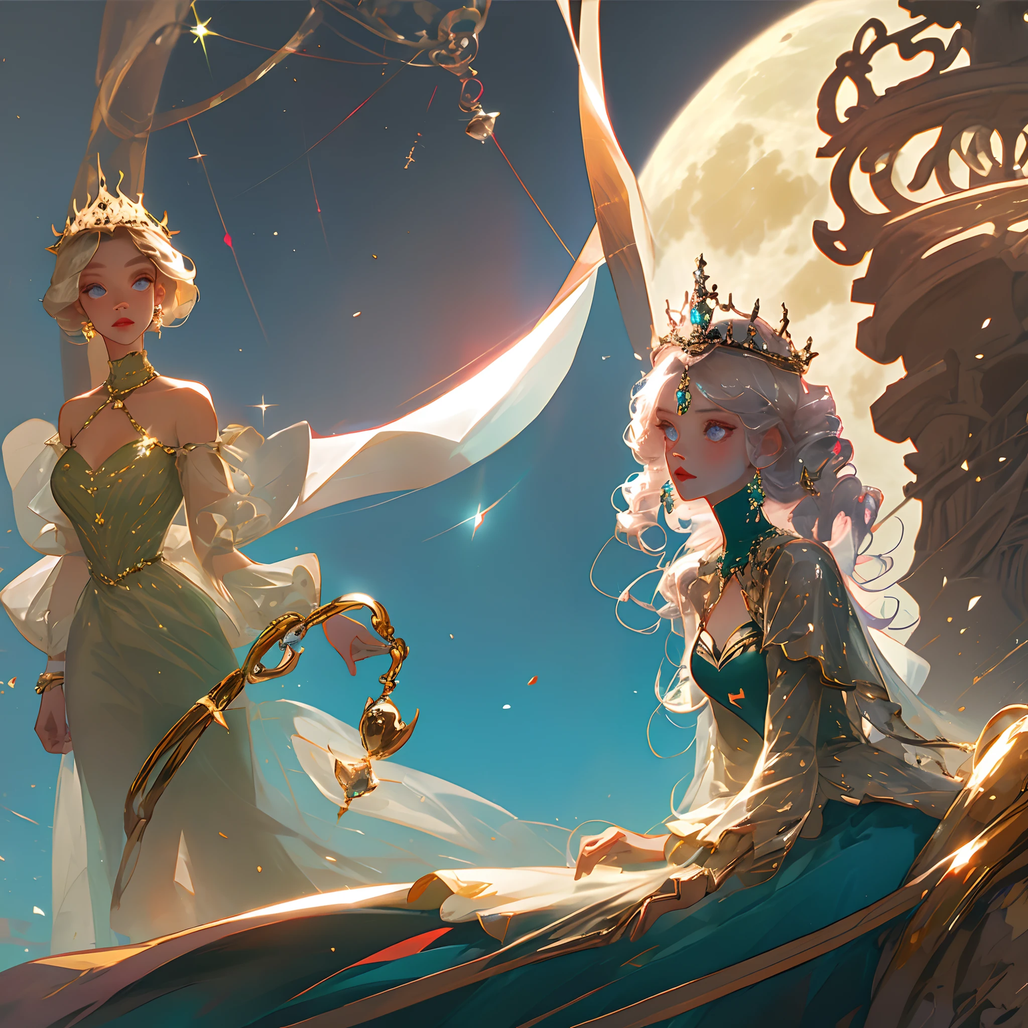 Hourglass eyes,Moon headdress,Princess coiled hair,Low neck crystal dress,flatchest