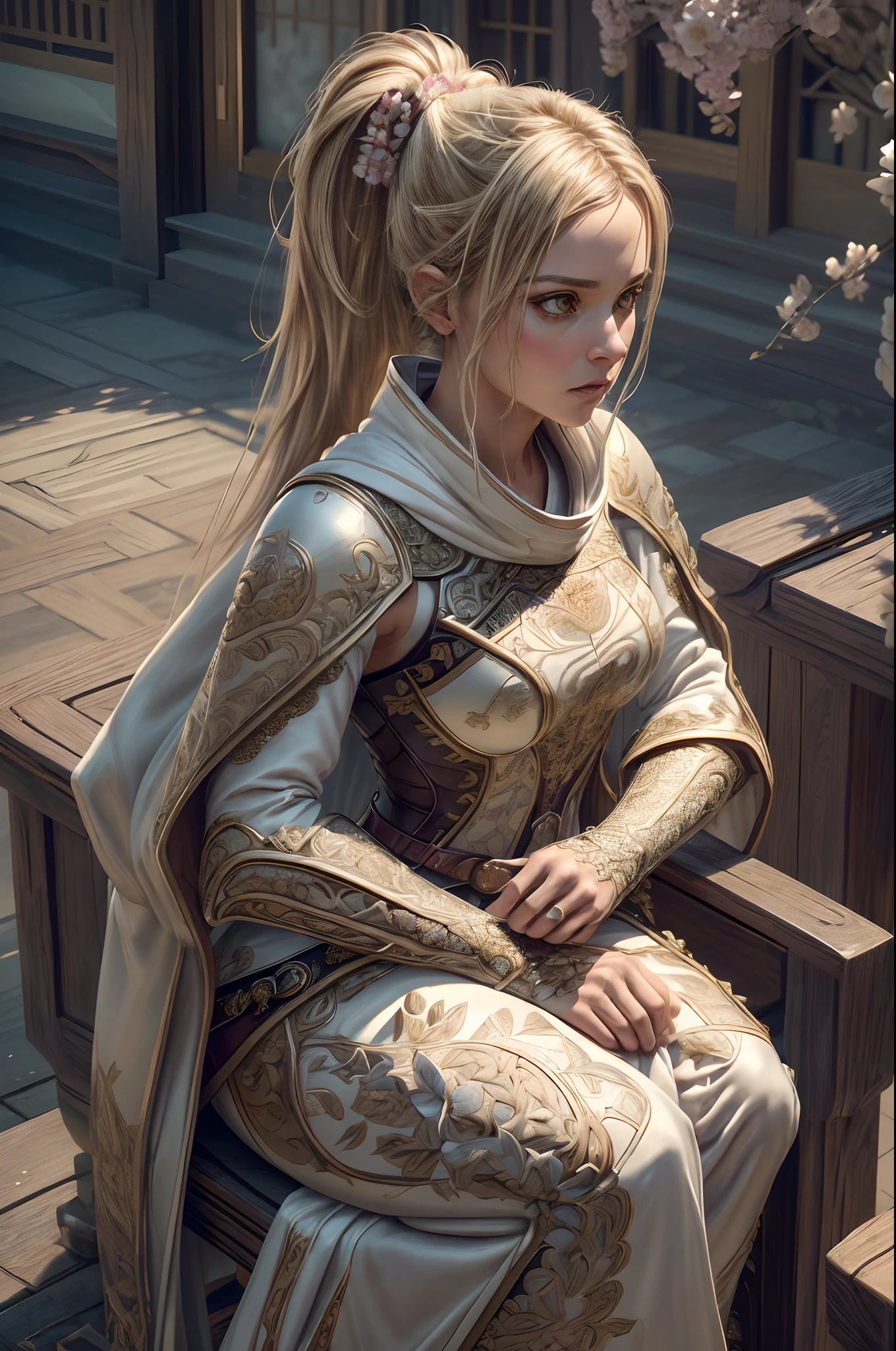 full body, sitting on bench, seductive pose, slow motion, IvoryGoldAI (rogue thief:1.2) female wearing full body multiple stitched layer (leather armor:1.2), neckline, (white silk cloak), (fabric with intricate pattern:1.2), (insanely detailed, bloom:1.5), (highest quality, Alessandro Casagrande, Greg Rutkowski, Sally Mann, concept art, 4k), (analog:1.2), (high sharpness), (detailed pupils:1.1), (painting:1.1), (digital painting:1.1), detailed face and eyes, Masterpiece, best quality, (highly detailed photo:1.1), 8k, photorealistic, (long dark blonde hair, ponytail haircut, ecstatic:1.1), (young woman:1.1), By jeremy mann, by sandra chevrier, by maciej kuciara, sharp, (perfect body:1.1), realistic, real shadow, 3d, (japanese sakura garden background:1.2), (by Michelangelo)