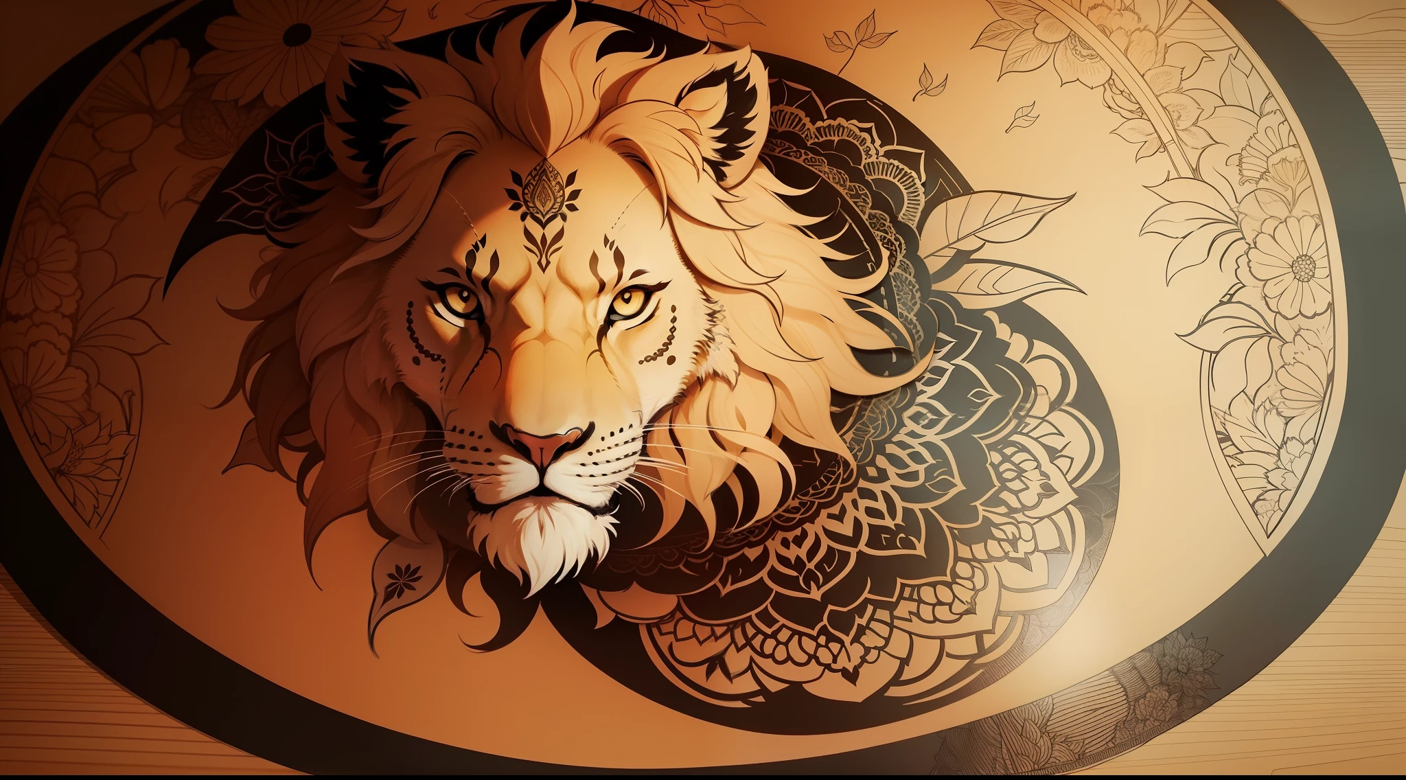 Lion silhouette masked with mandala floral leaf pattern coloring page adult, 对称, abstract pattern, Printable contour art, Minimal lines, -- No bleeding